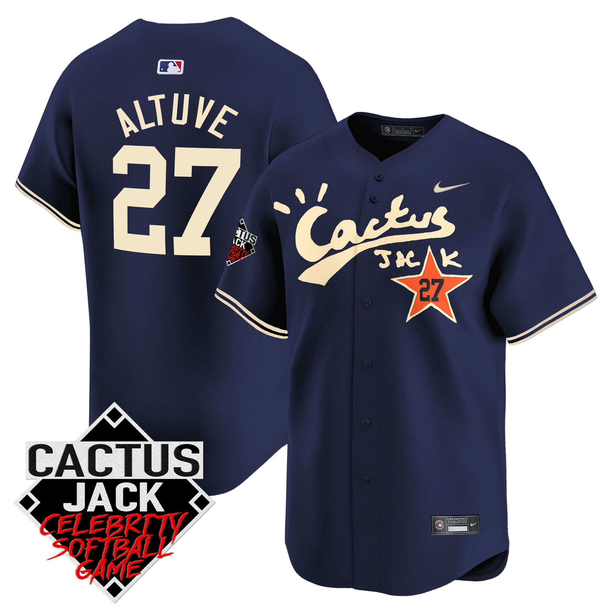 José Altuve Men's Houston Astros Cactus Jack Celebrity Softball Game Patch Vapor Premier Limited V2 Navy Jersey - All Stitched