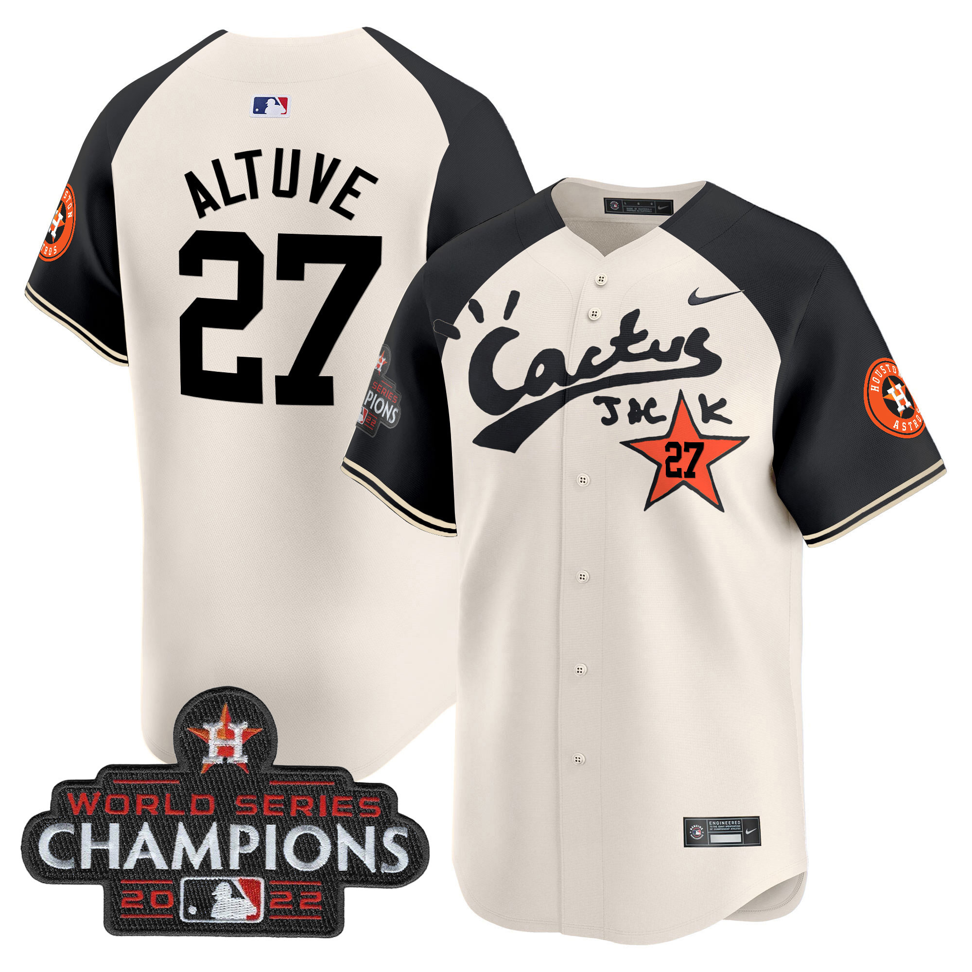 José Altuve Men's Houston Astros Cactus Jack Champions Patch Vapor Premier Limited Cream Alternate Jersey - All Stitched
