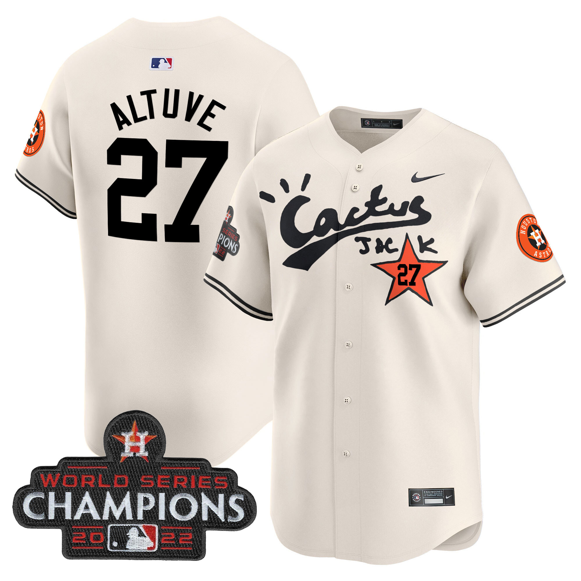 José Altuve Men's Houston Astros Cactus Jack Champions Patch Vapor Premier Limited Cream Jersey - All Stitched