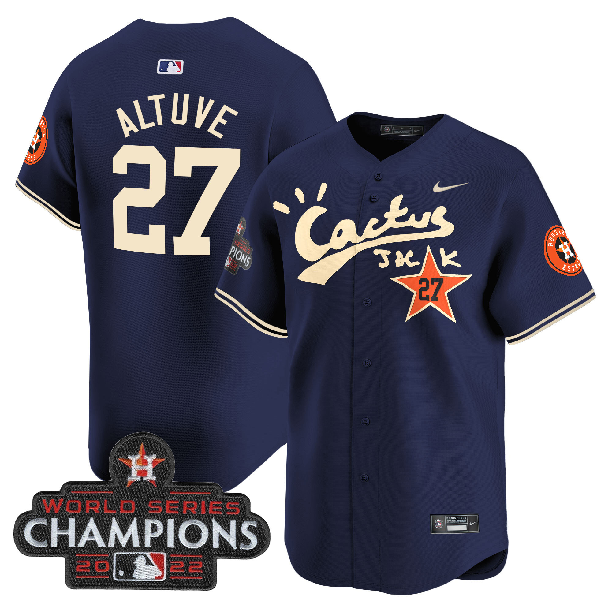 José Altuve Men's Houston Astros Cactus Jack Champions Patch Vapor Premier Limited Navy Jersey - All Stitched