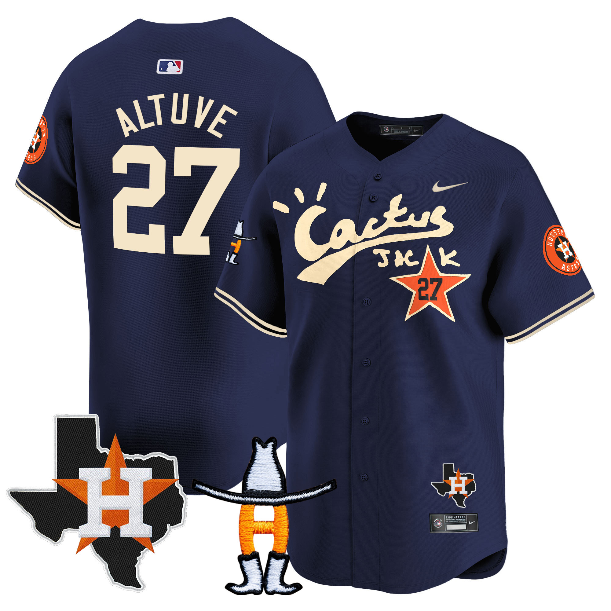 José Altuve Men's Houston Astros Cactus Jack Houston Rodeo Patch Vapor Premier Limited Navy Jersey - All Stitched