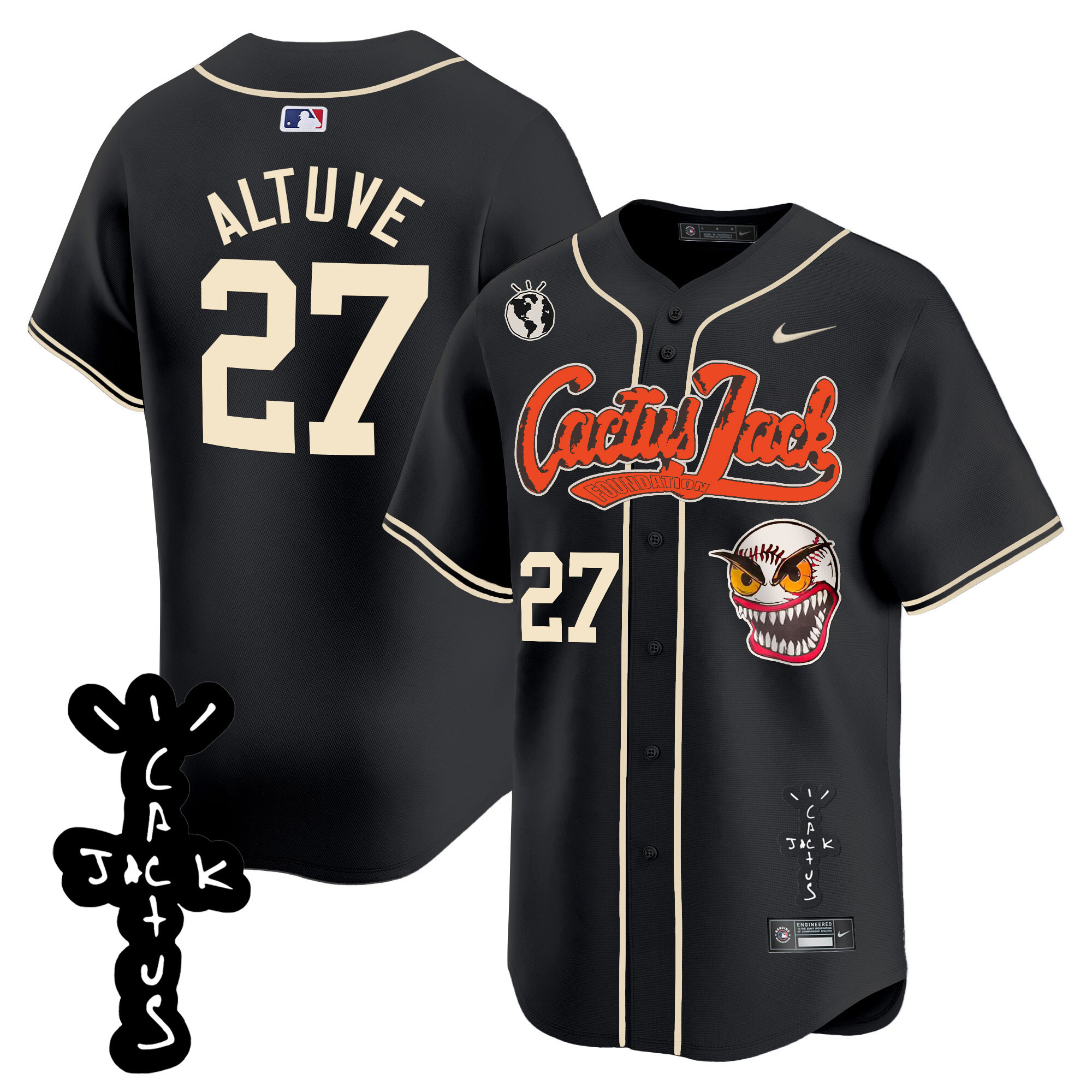 José Altuve Men's Houston Astros Cactus Jack Patch Vapor Premier Limited Black Jersey - All Stitched
