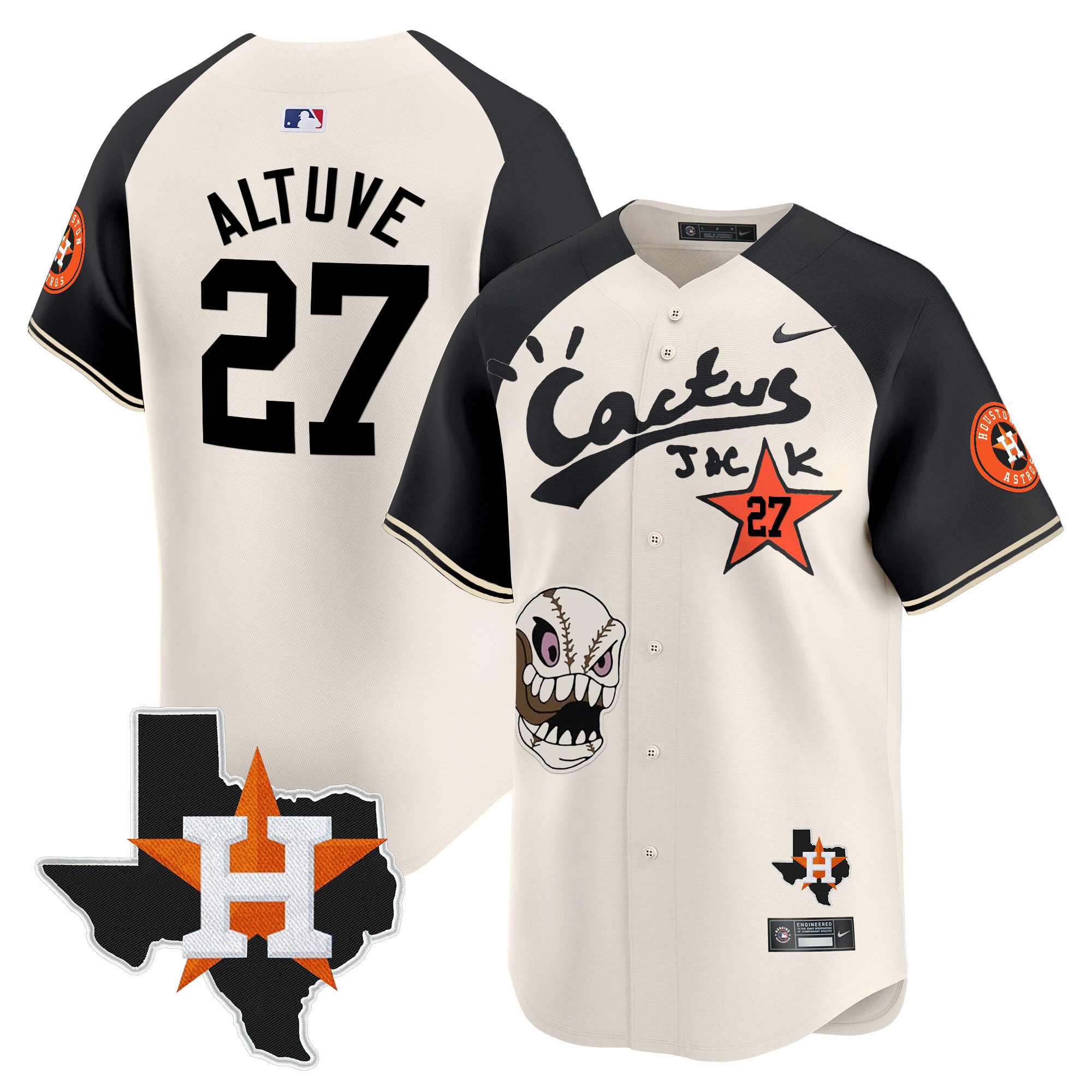 José Altuve Men's Houston Astros Cactus Jack Patch Vapor Premier Limited Cream Alternate Jersey - All Stitched