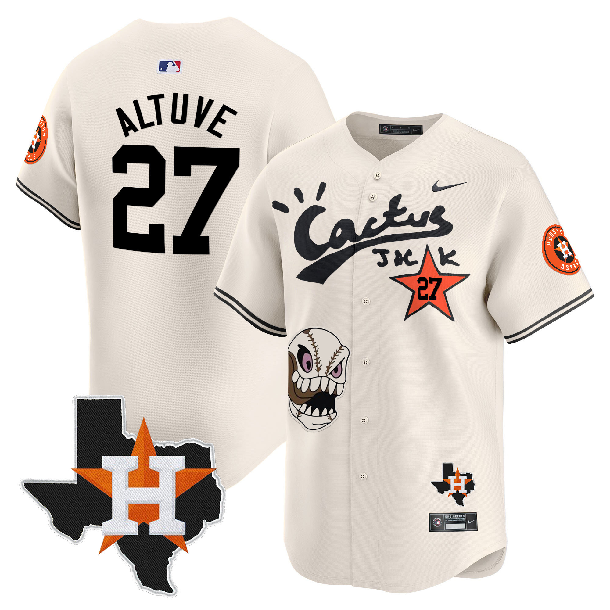 José Altuve Men's Houston Astros Cactus Jack Patch Vapor Premier Limited Cream Jersey - All Stitched