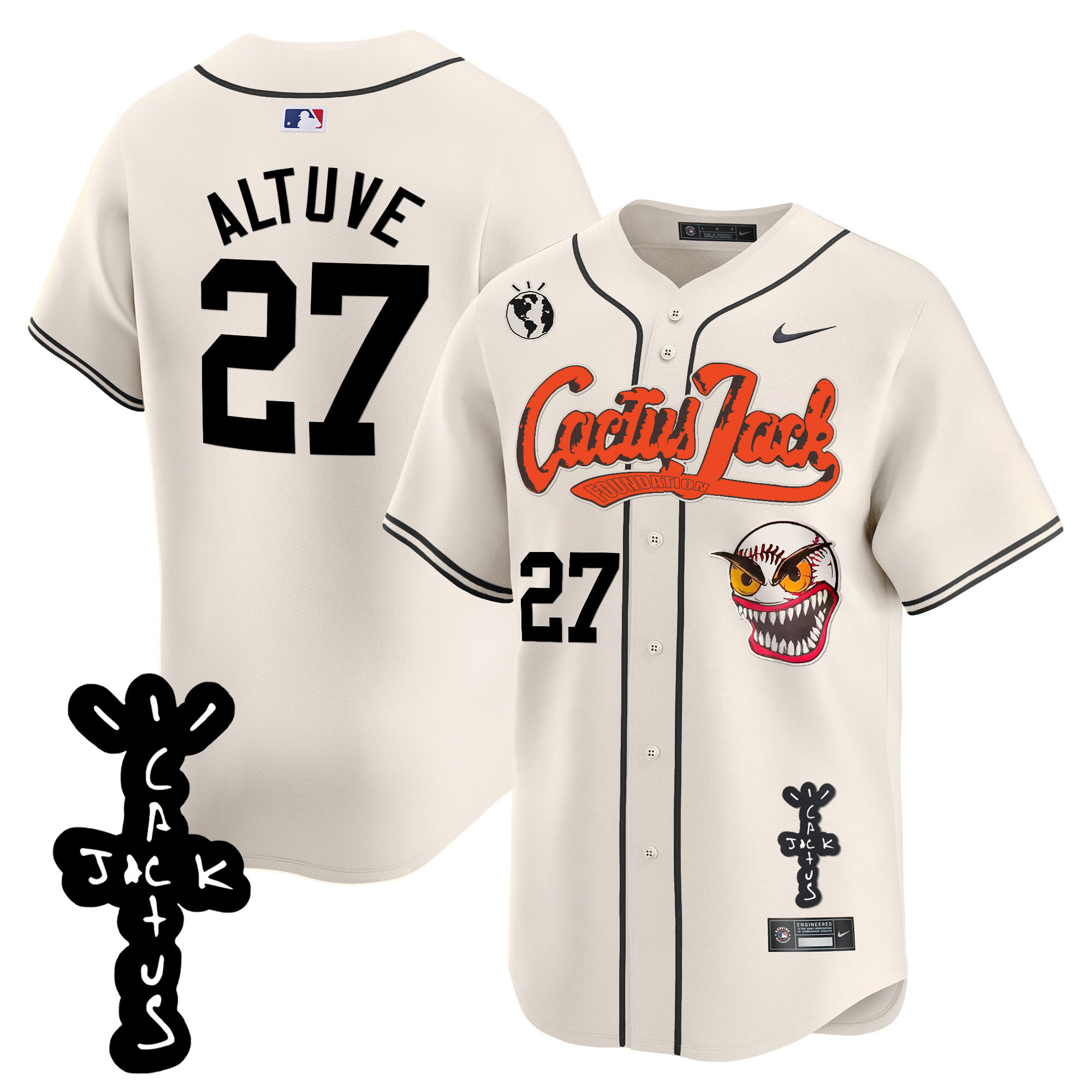 José Altuve Men's Houston Astros Cactus Jack Patch Vapor Premier Limited Cream Jersey - All Stitched