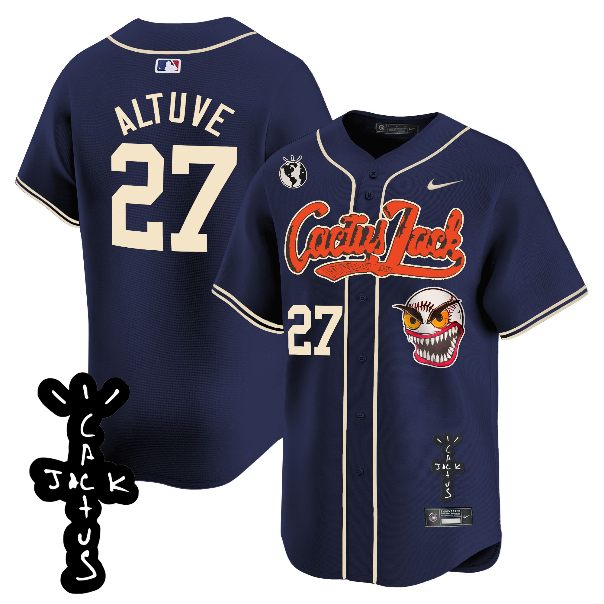 José Altuve Men's Houston Astros Cactus Jack Patch Vapor Premier Limited Navy Jersey - All Stitched