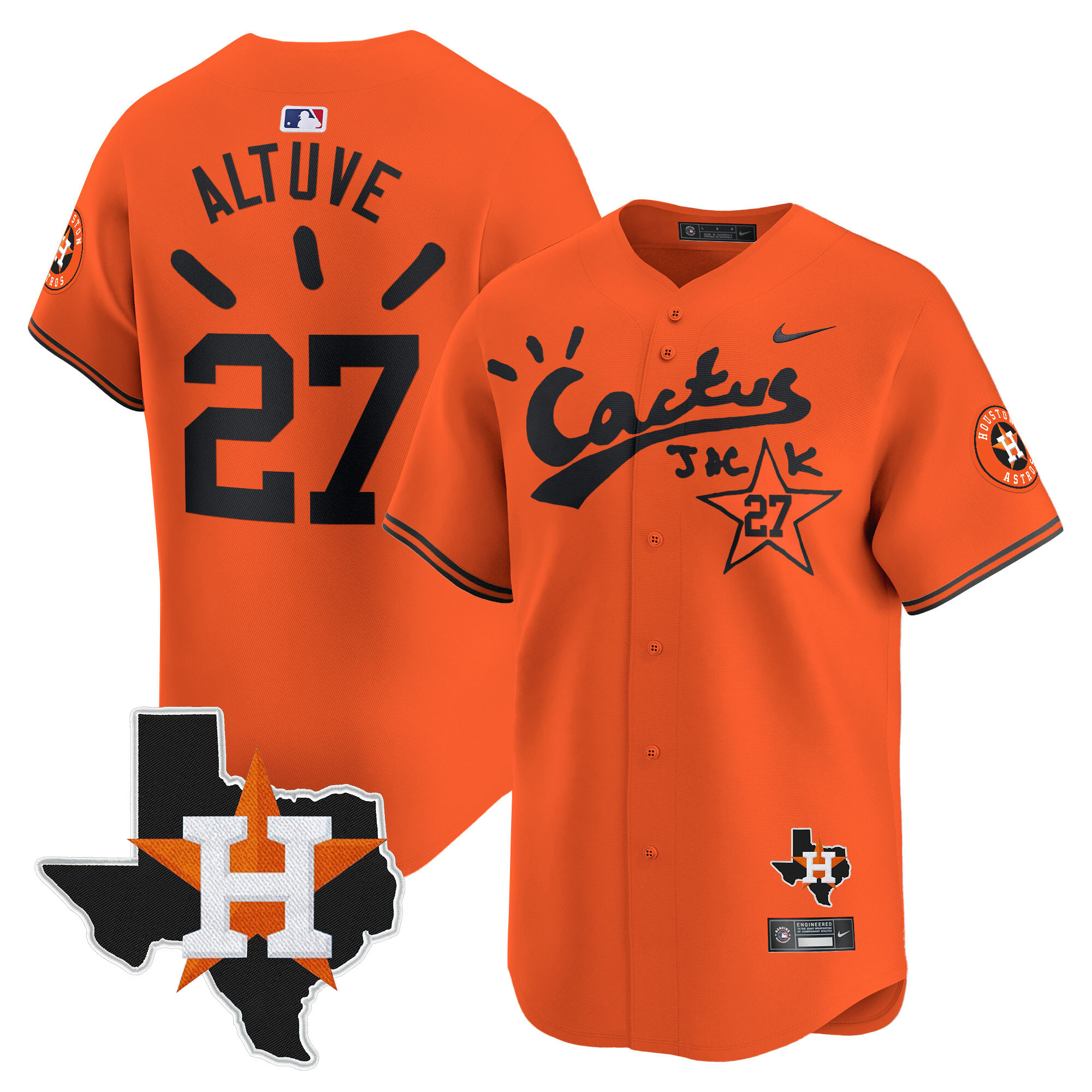 José Altuve Men's Houston Astros Cactus Jack Patch Vapor Premier Limited V10 Orange Jersey - All Stitched