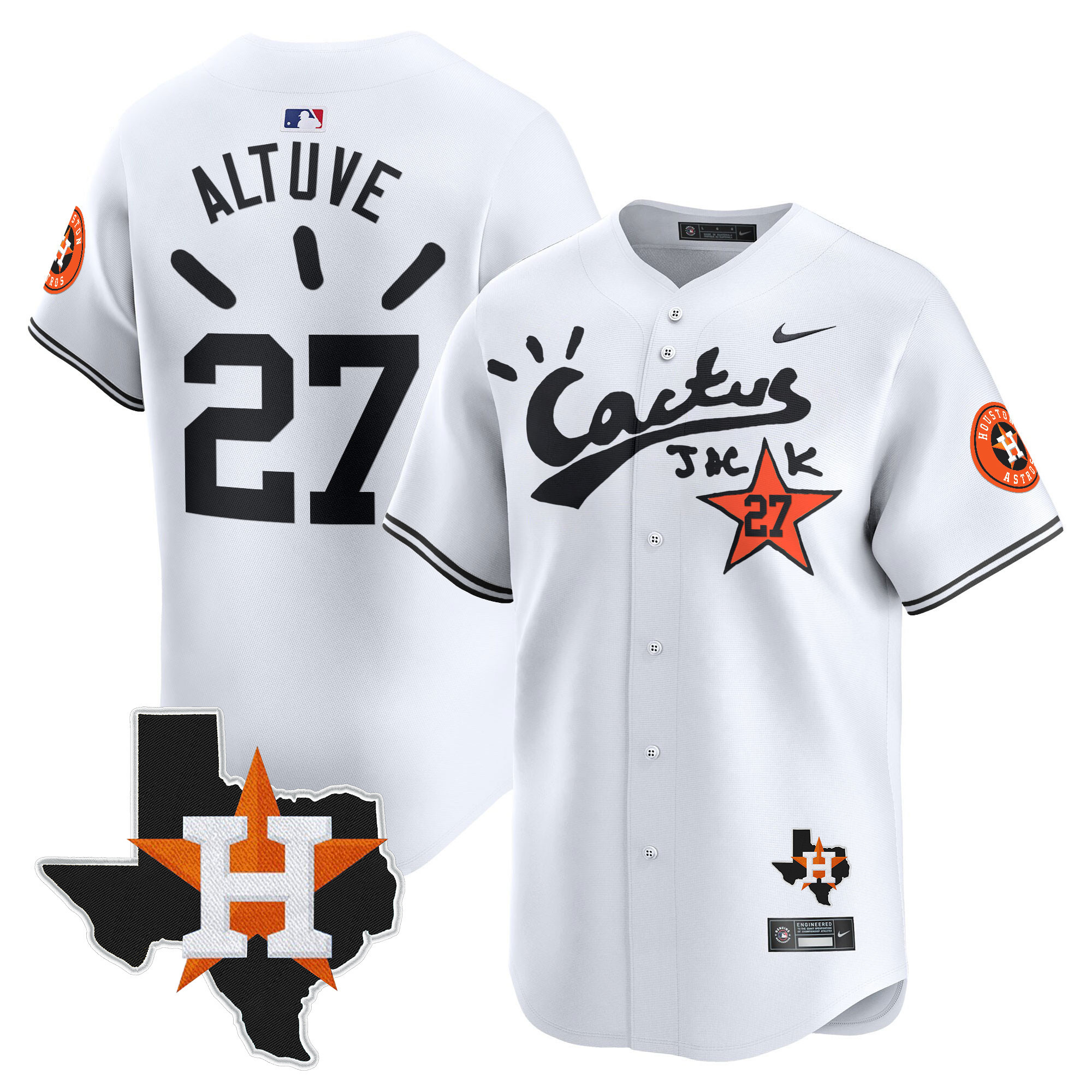 José Altuve Men's Houston Astros Cactus Jack Patch Vapor Premier Limited V10 White Jersey - All Stitched