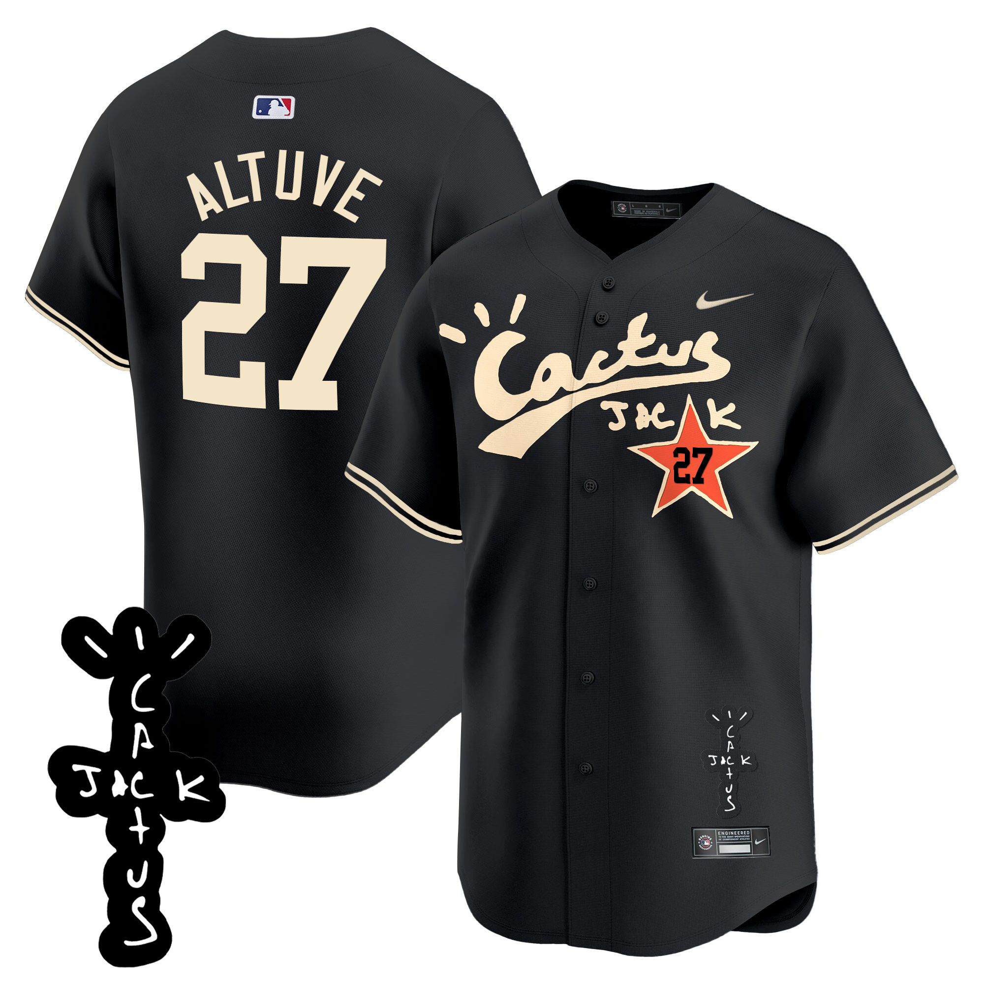 José Altuve Men's Houston Astros Cactus Jack Patch Vapor Premier Limited V2 Black Jersey - All Stitched