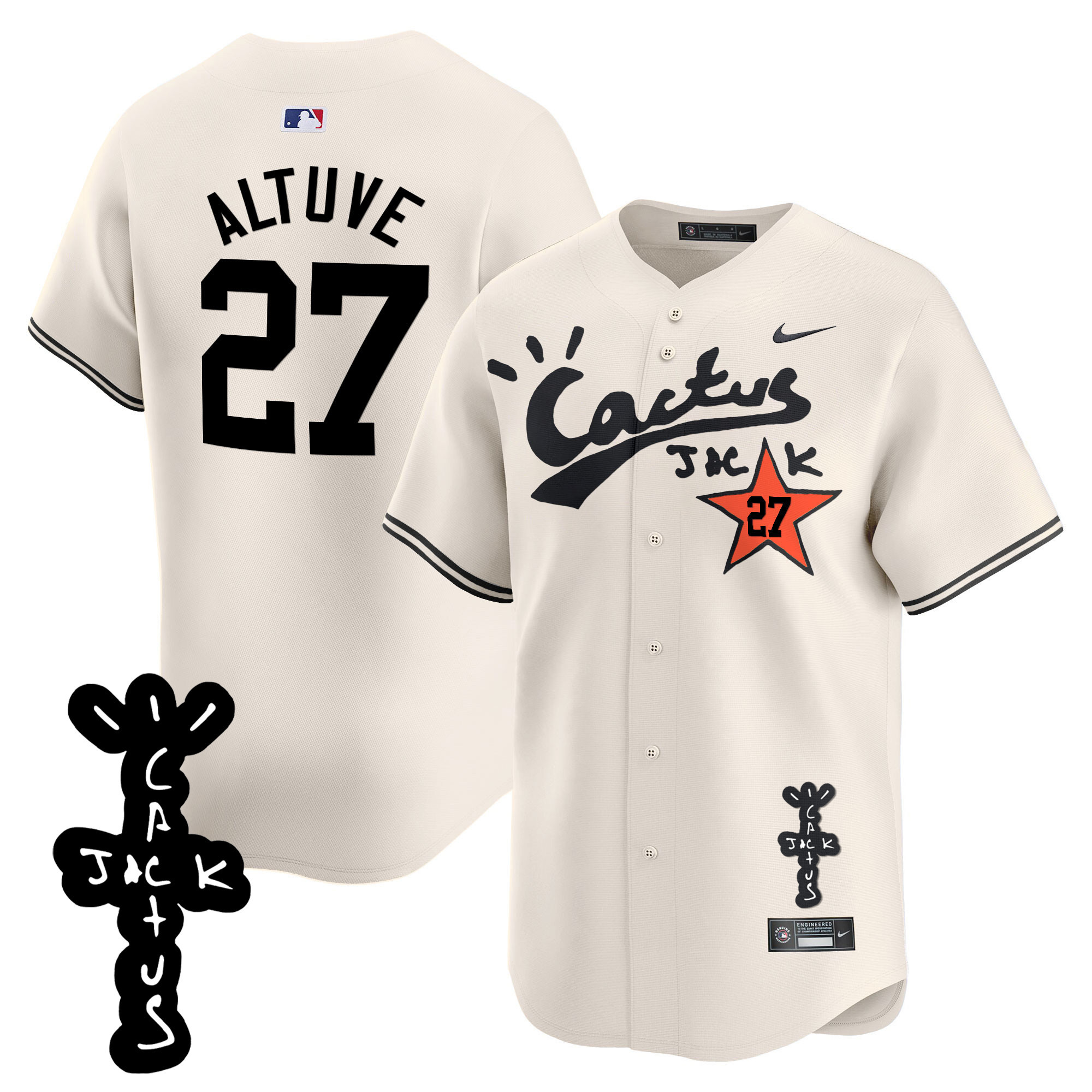 José Altuve Men's Houston Astros Cactus Jack Patch Vapor Premier Limited V2 Cream Jersey - All Stitched