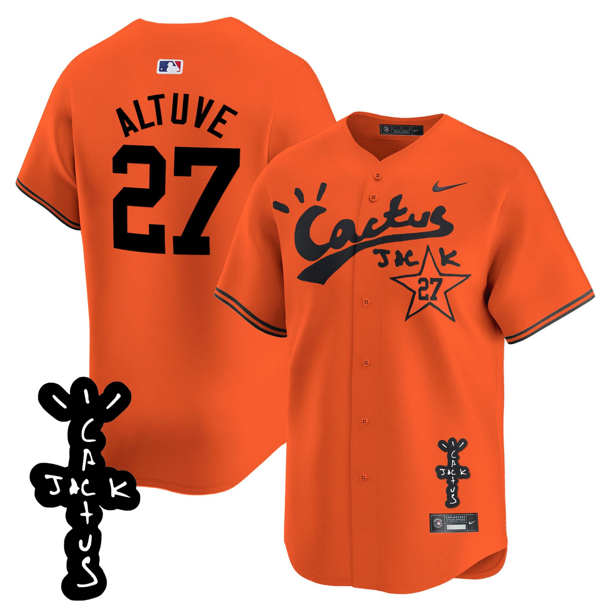 José Altuve Men's Houston Astros Cactus Jack Patch Vapor Premier Limited V2 Orange Jersey - All Stitched