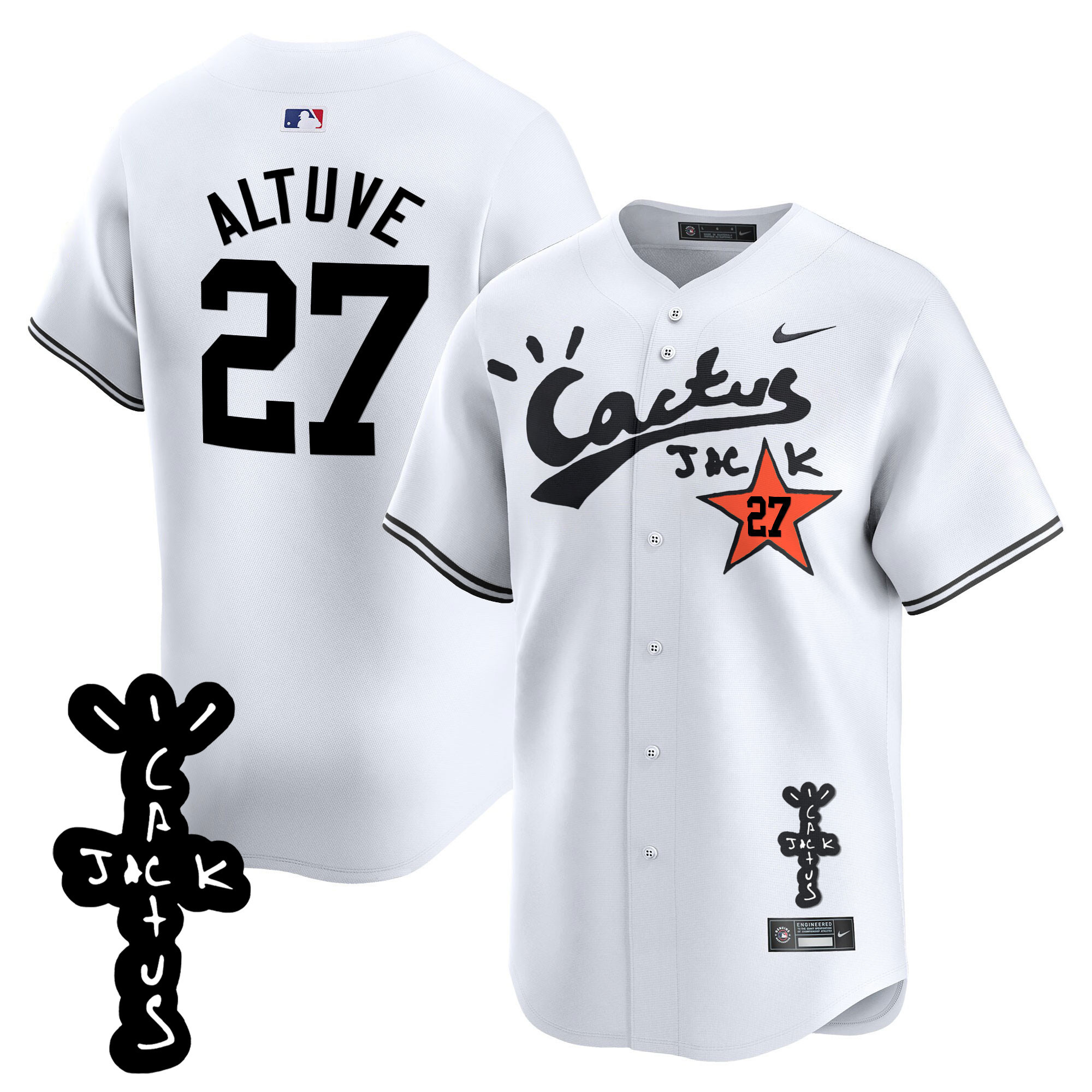 José Altuve Men's Houston Astros Cactus Jack Patch Vapor Premier Limited V2 White Jersey - All Stitched