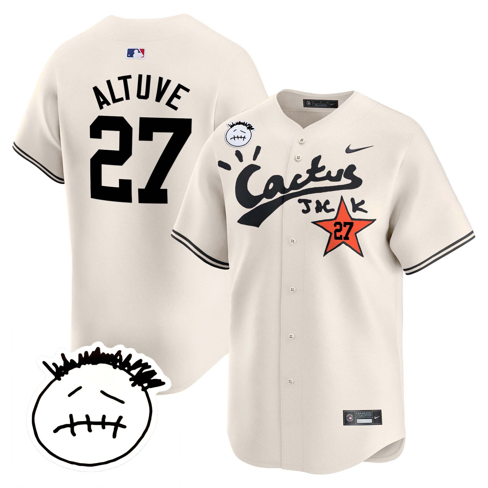 José Altuve Men's Houston Astros Cactus Jack Patch Vapor Premier Limited V5 Cream Jersey - All Stitched