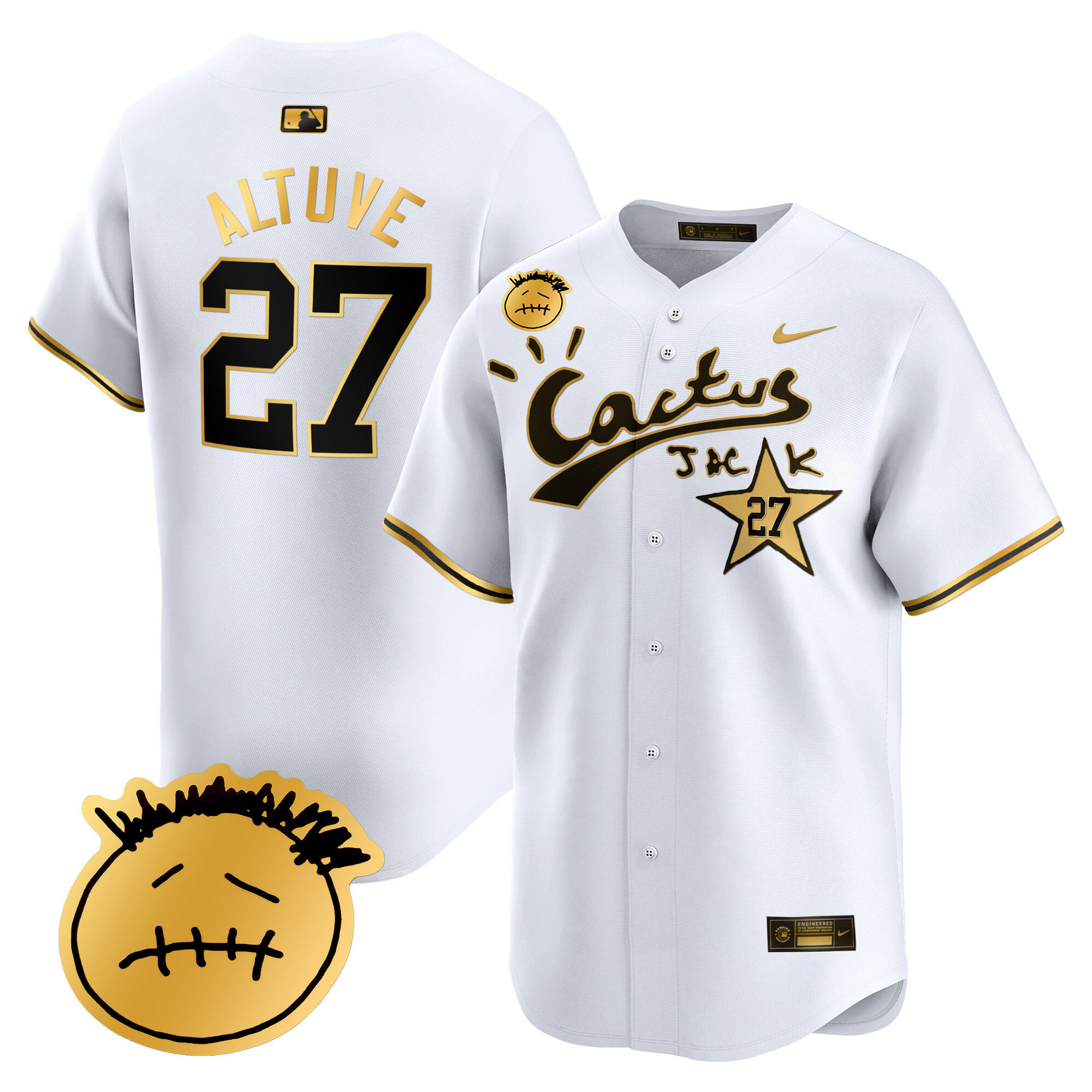 José Altuve Men's Houston Astros Cactus Jack Patch Vapor Premier Limited V5 White Gold Jersey - All Stitched