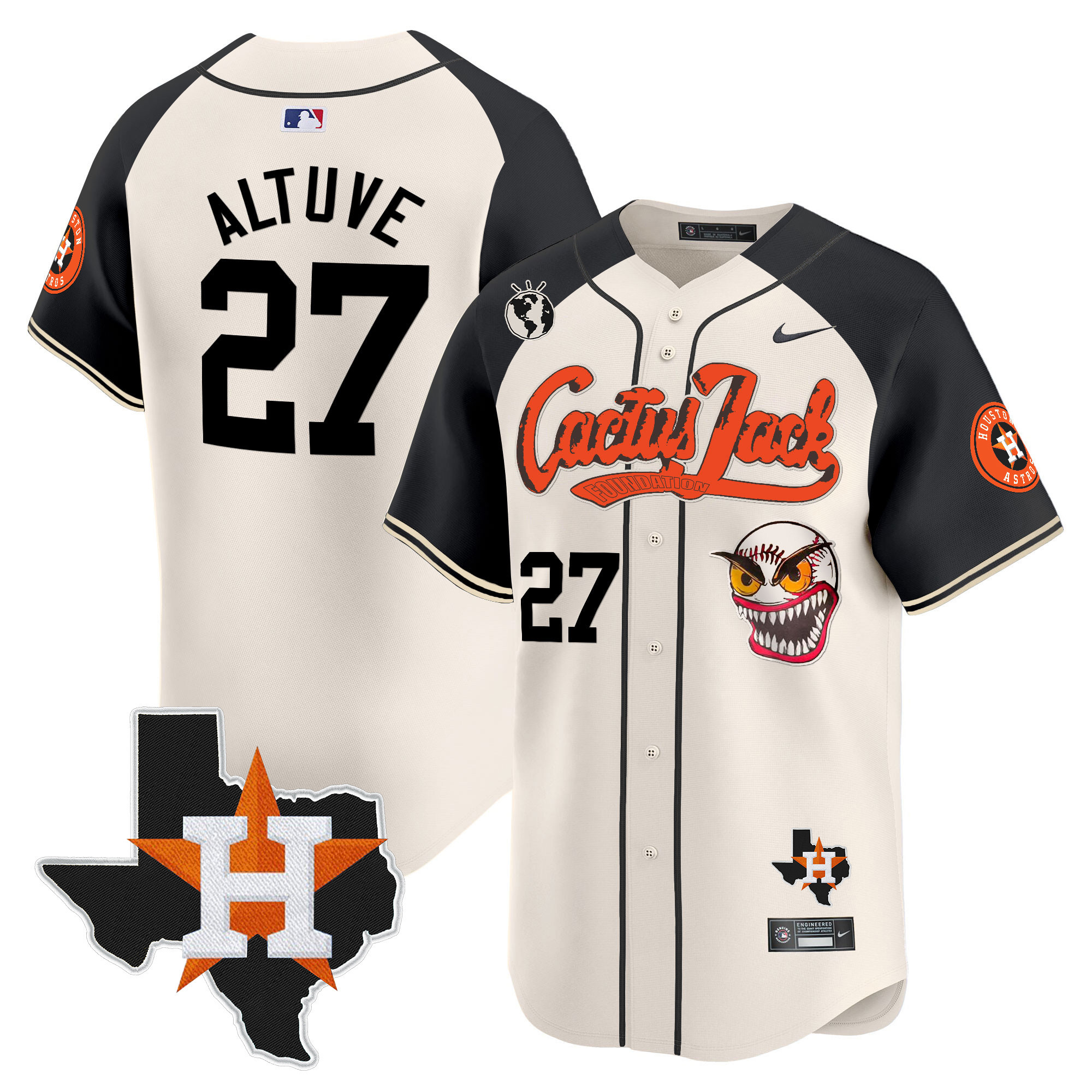 José Altuve Men's Houston Astros Cactus Jack Patch Vapor Premier Limited V6 Cream Alternate Jersey - All Stitched