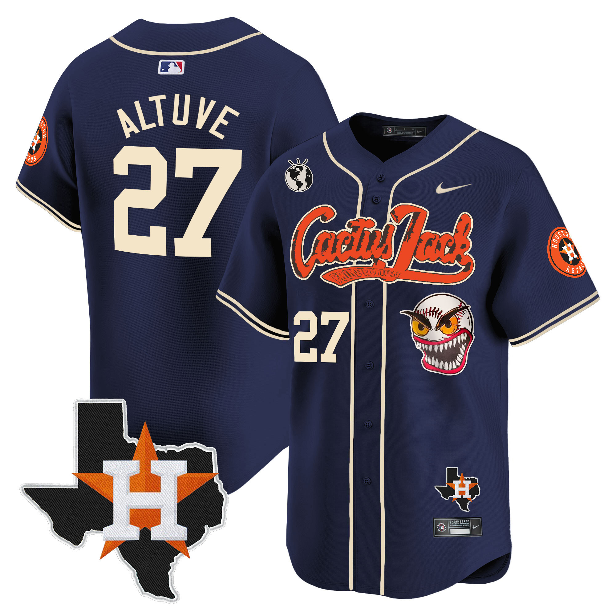 José Altuve Men's Houston Astros Cactus Jack Patch Vapor Premier Limited V6 Navy Jersey - All Stitched
