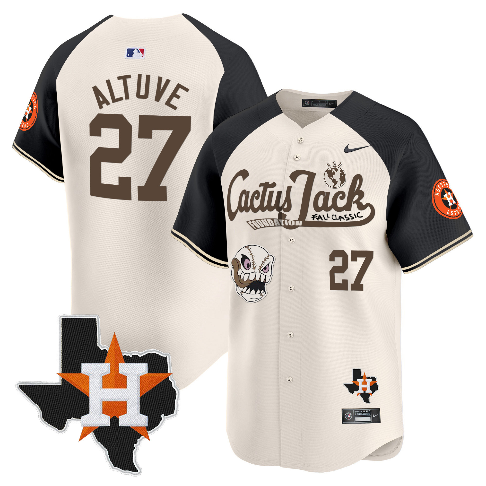 José Altuve Men's Houston Astros Cactus Jack Patch Vapor Premier Limited V8 Cream Alternate Jersey - All Stitched