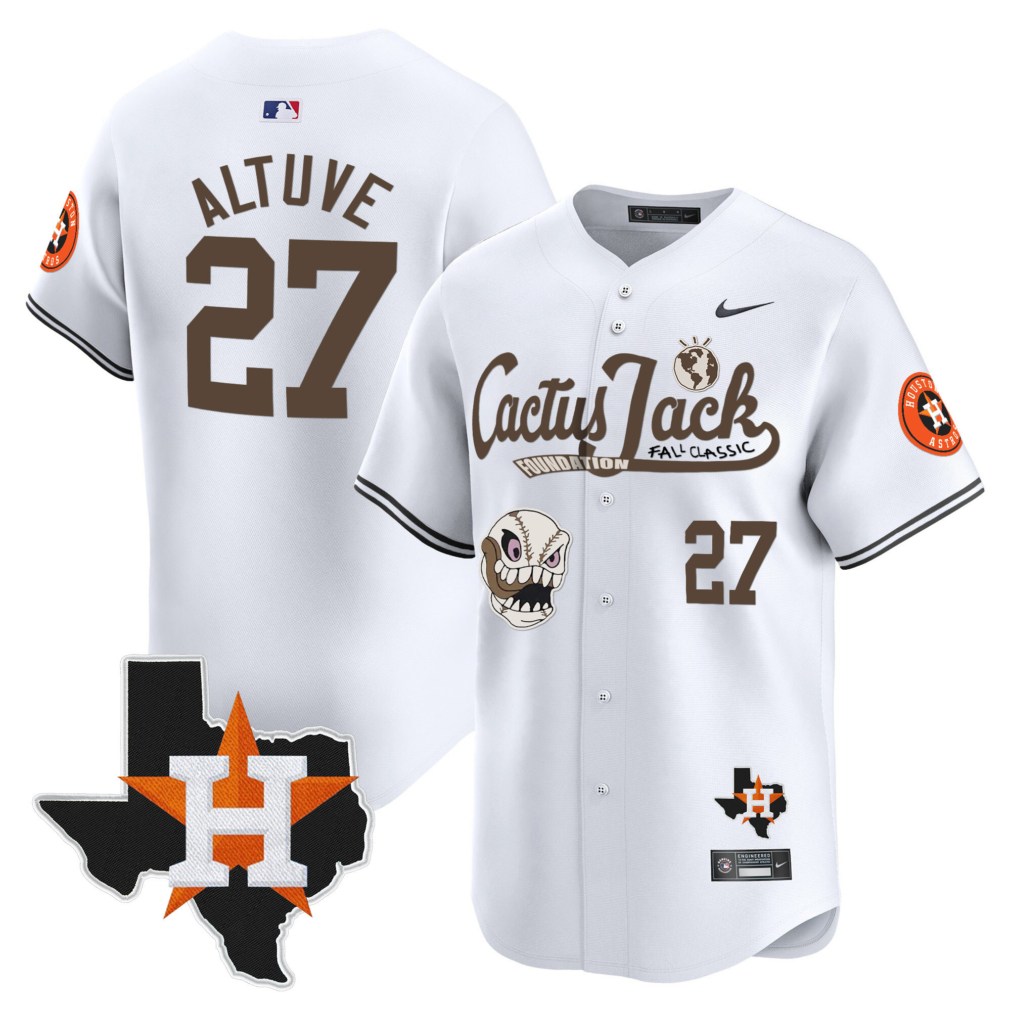 José Altuve Men's Houston Astros Cactus Jack Patch Vapor Premier Limited V8 White Jersey - All Stitched