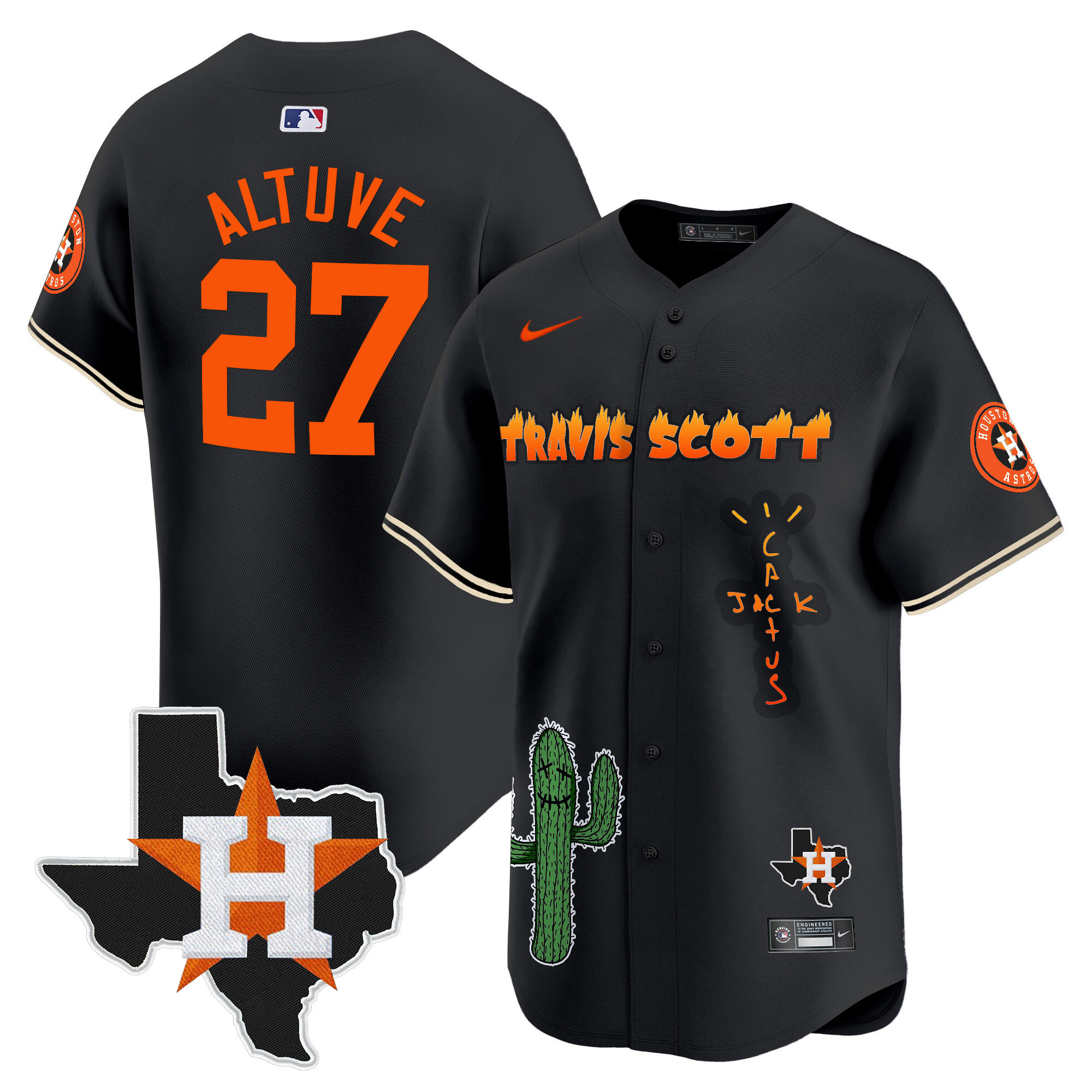 José Altuve Men's Houston Astros Cactus Jack Patch Vapor Premier Limited V9 Black Jersey - All Stitched