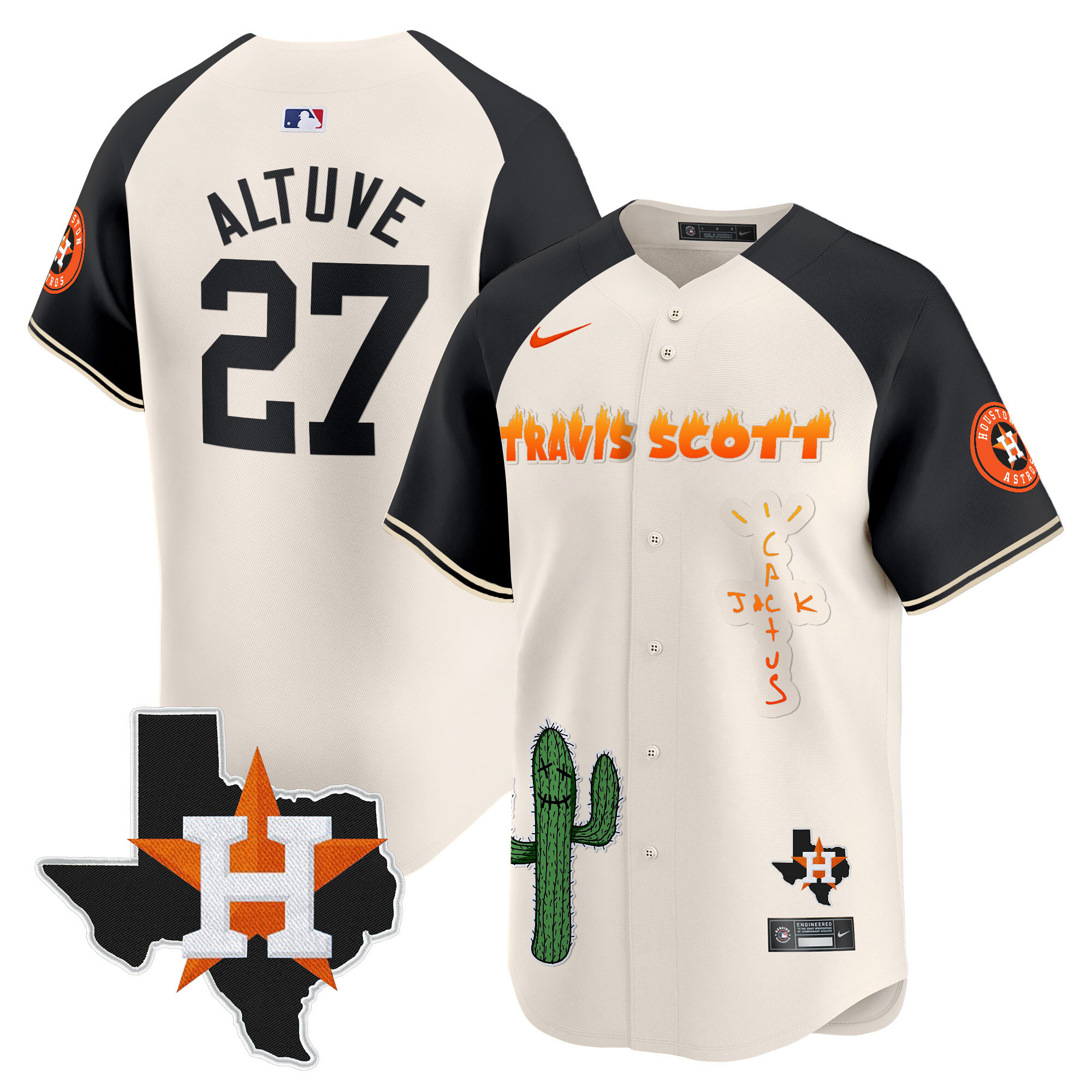 José Altuve Men's Houston Astros Cactus Jack Patch Vapor Premier Limited V9 Cream Alternate Jersey - All Stitched