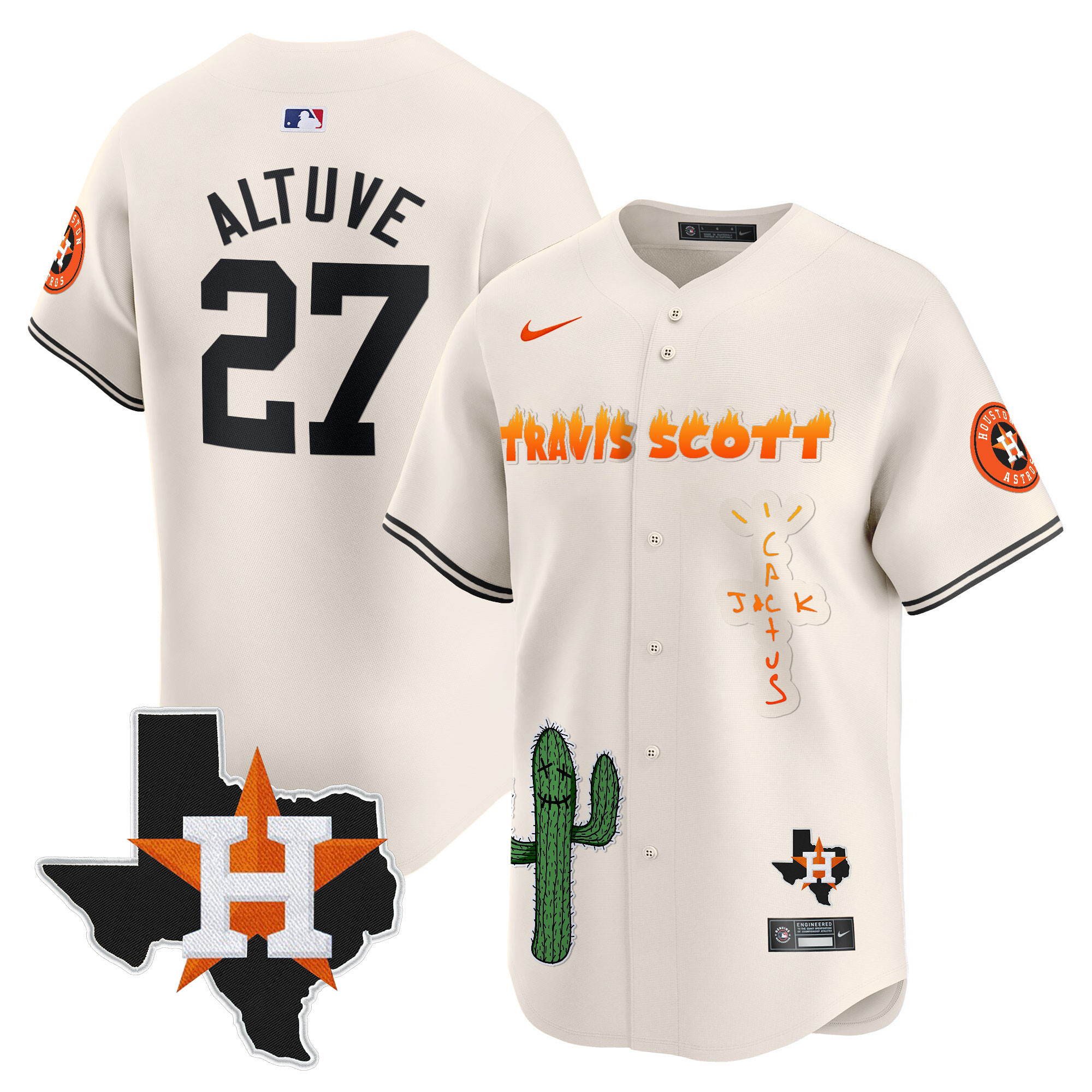 José Altuve Men's Houston Astros Cactus Jack Patch Vapor Premier Limited V9 Cream Jersey - All Stitched