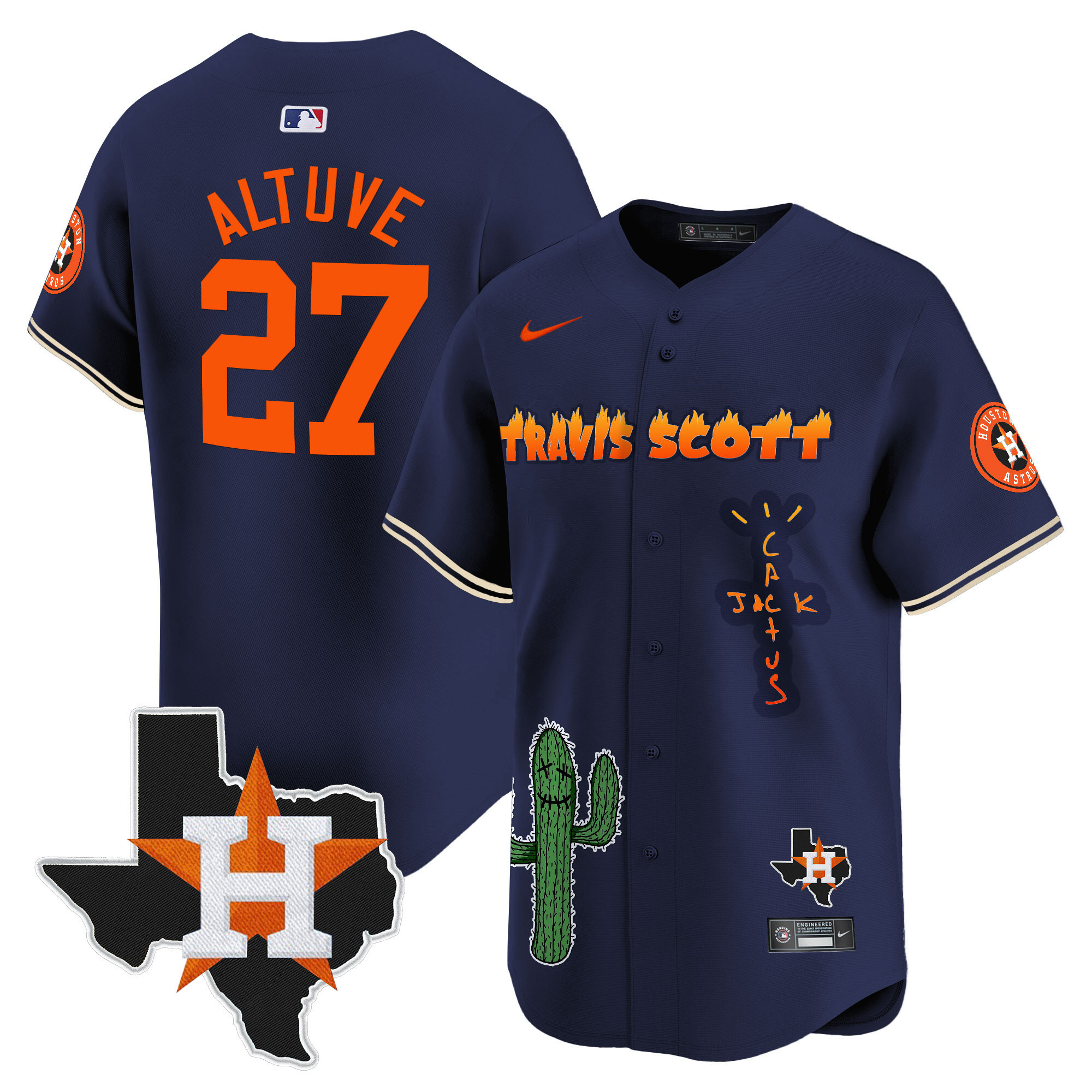 José Altuve Men's Houston Astros Cactus Jack Patch Vapor Premier Limited V9 Navy Jersey - All Stitched