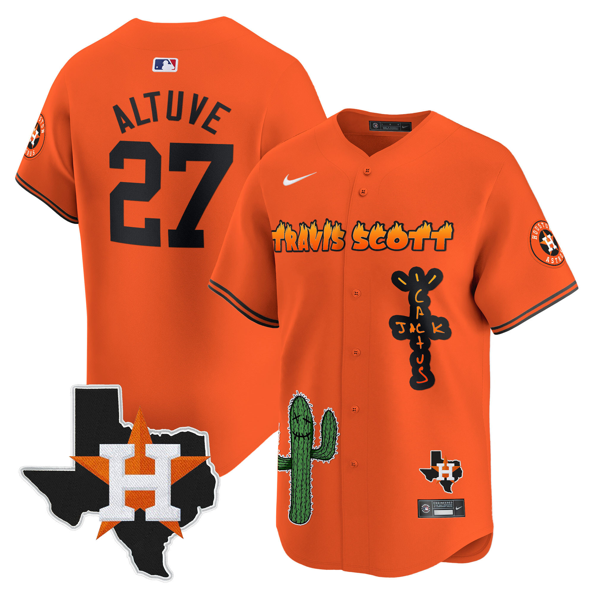 José Altuve Men's Houston Astros Cactus Jack Patch Vapor Premier Limited V9 Orange Jersey - All Stitched