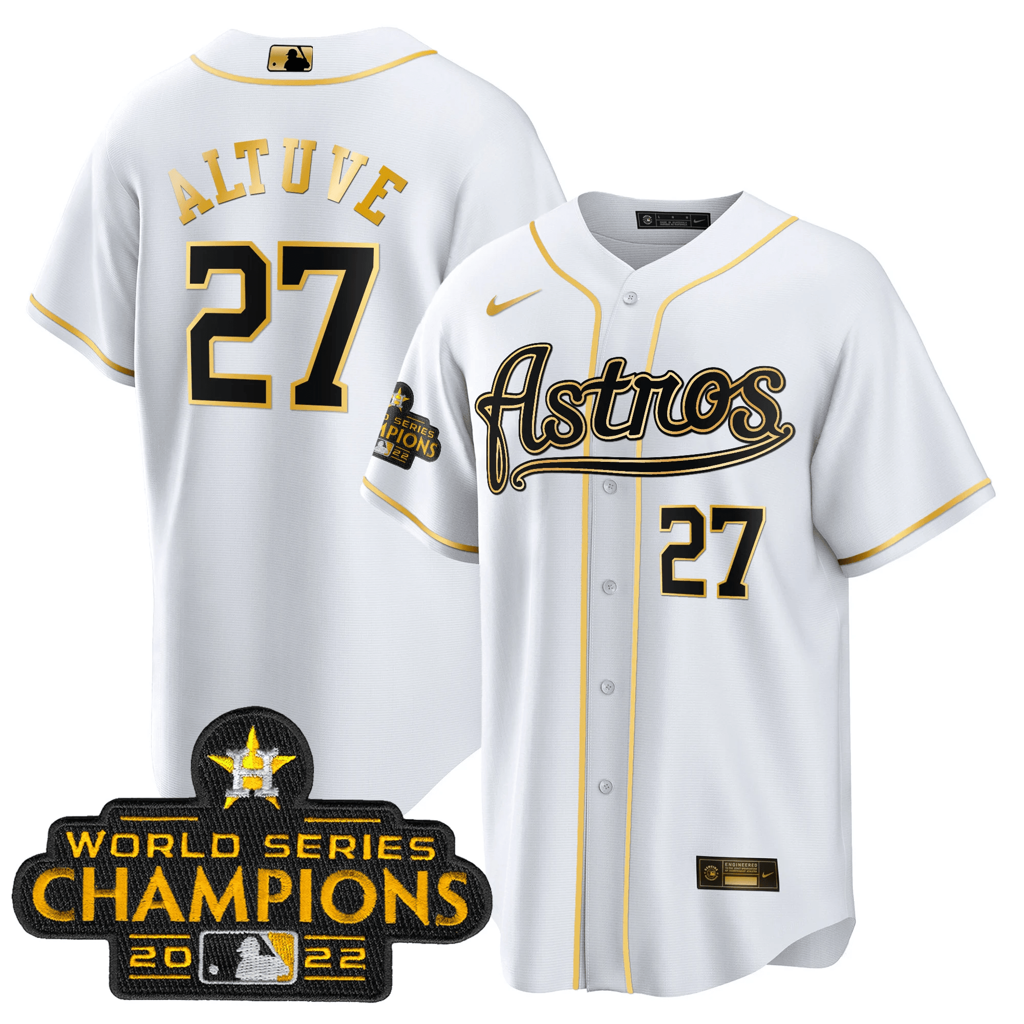 José Altuve Men's Houston Astros Champions & Throwback Patch Gold V2 Cool White Jersey - All Stitched