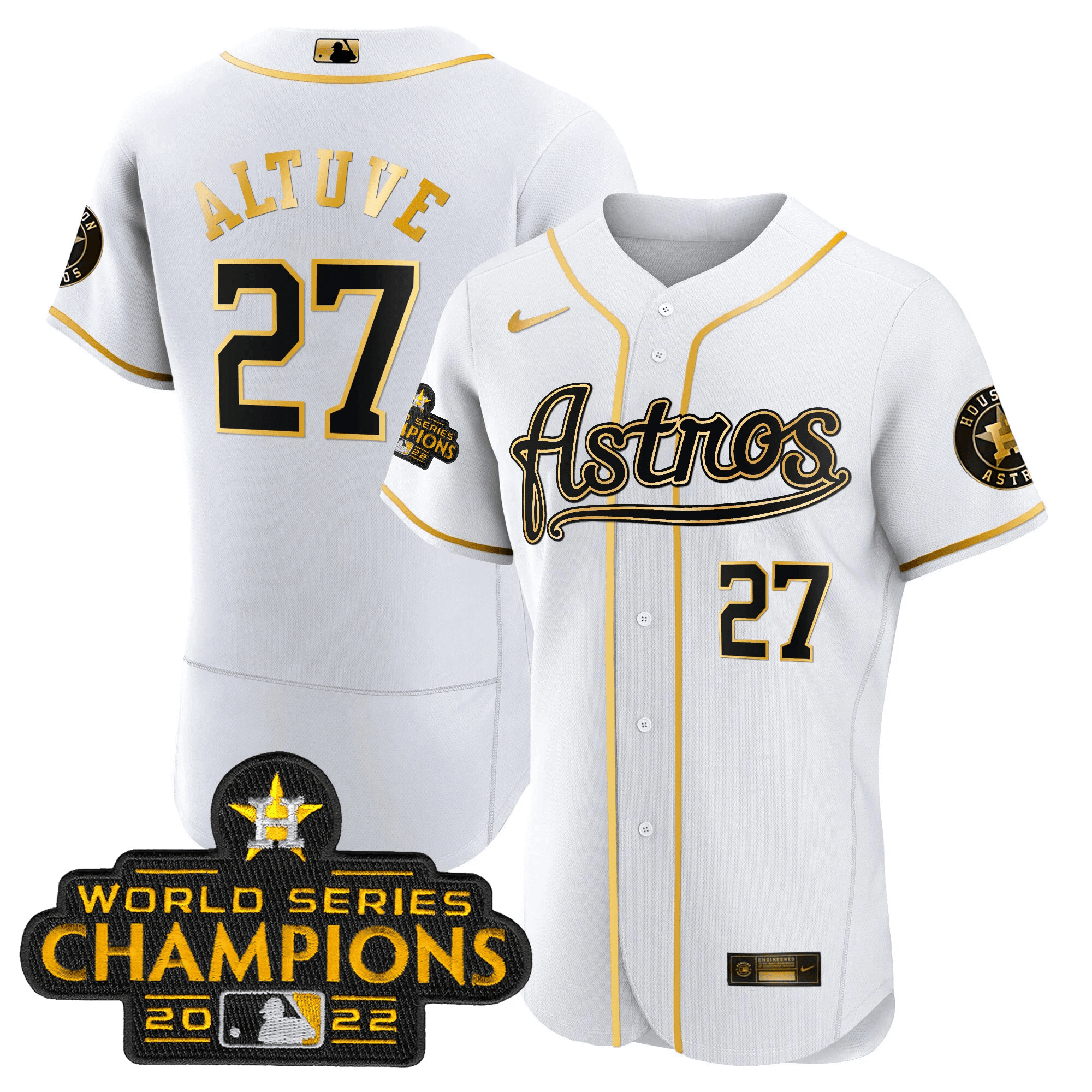 José Altuve Men's Houston Astros Champions & Throwback Patch Gold V2 Flex White Jersey - All Stitched