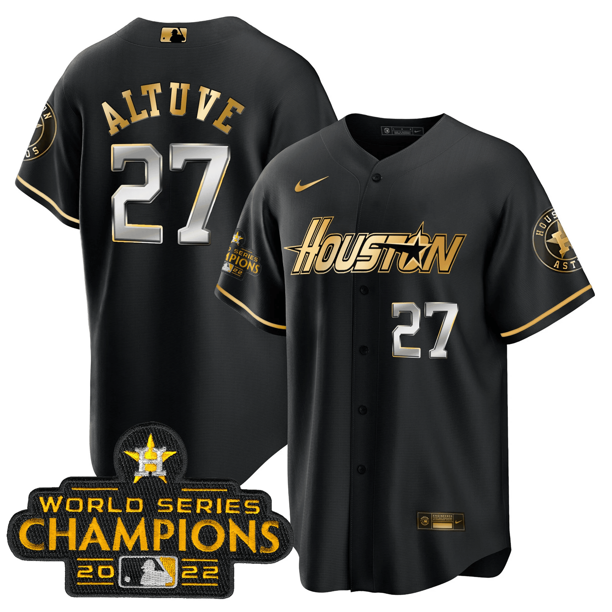 José Altuve Men's Houston Astros Gray & Gold 2023 Champions Patch Cool Black Jersey - All Stitched