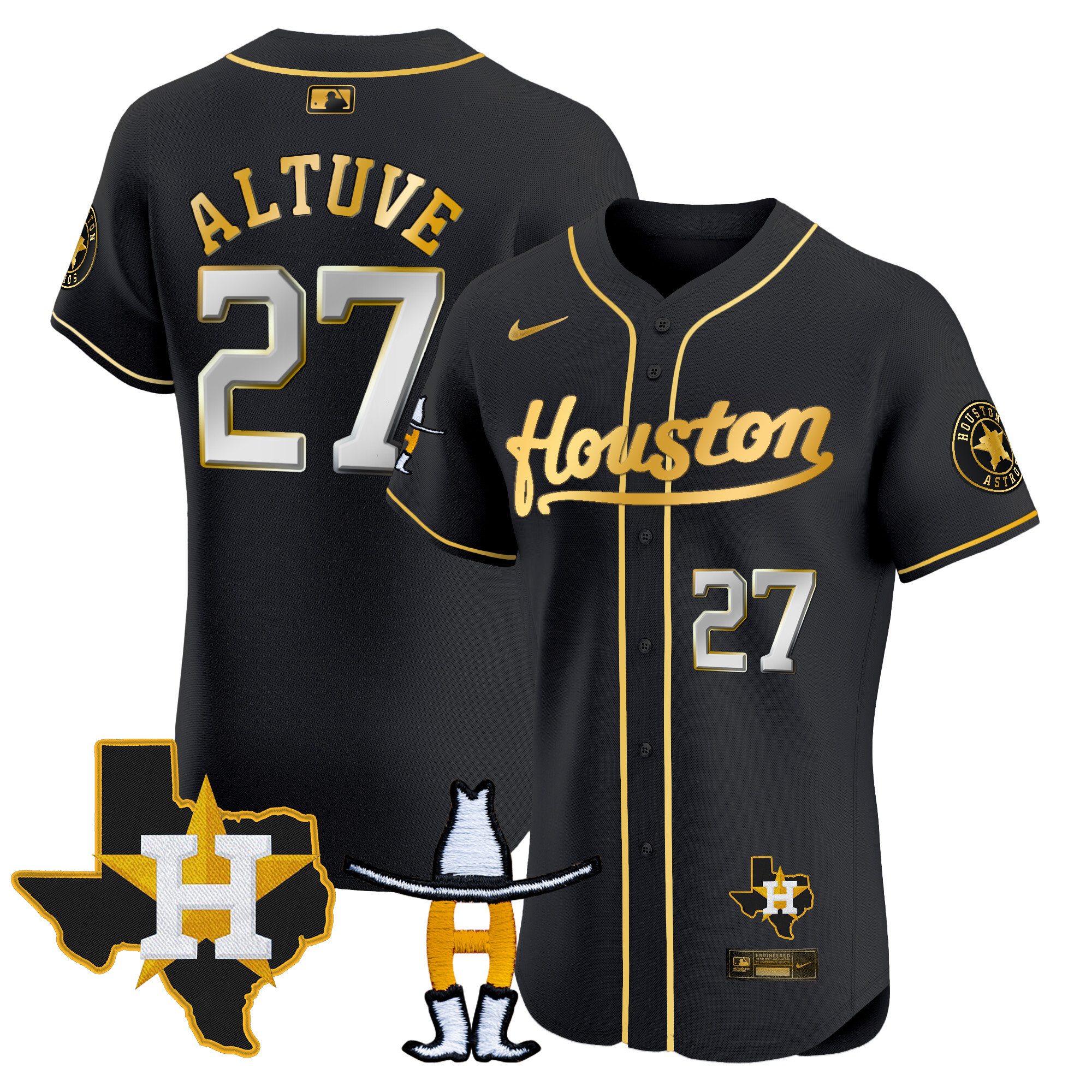 José Altuve Men's Houston Astros Houston Rodeo Patch Vapor Premier Elite Black Gold Jersey - All Stitched