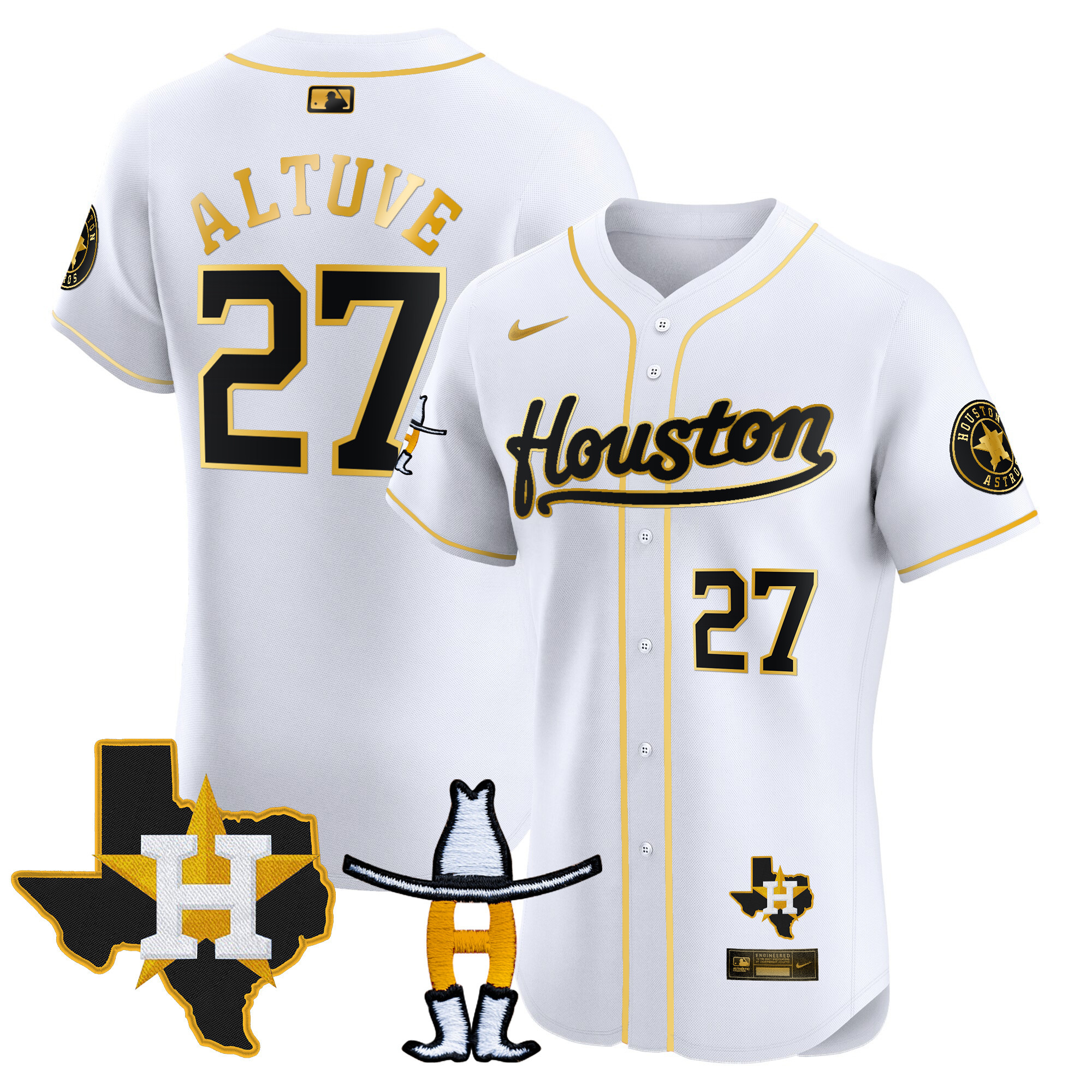 José Altuve Men's Houston Astros Houston Rodeo Patch Vapor Premier Elite White Gold Jersey - All Stitched