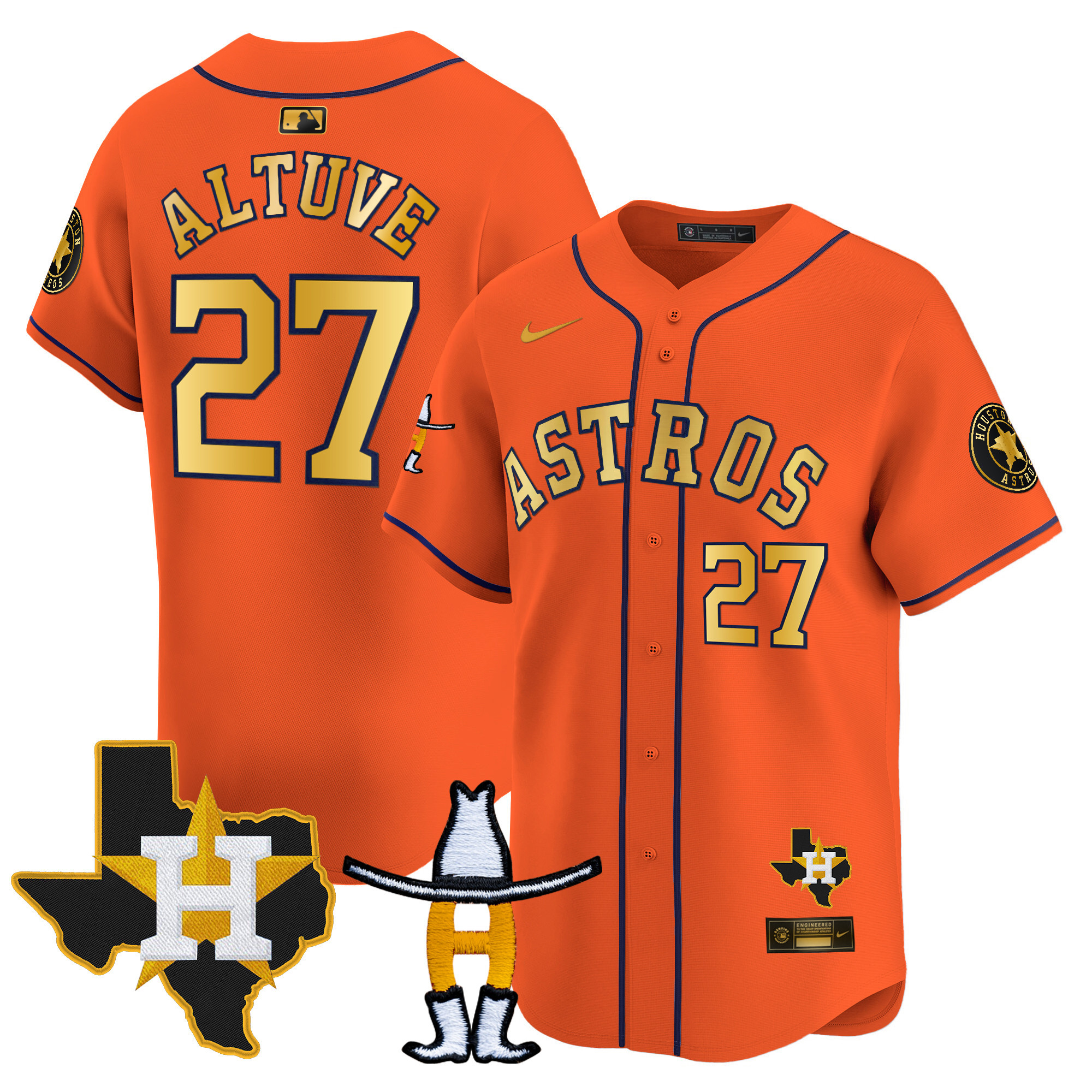 José Altuve Men's Houston Astros Houston Rodeo Patch Vapor Premier Limited V2 Orange Gold Jersey - All Stitched