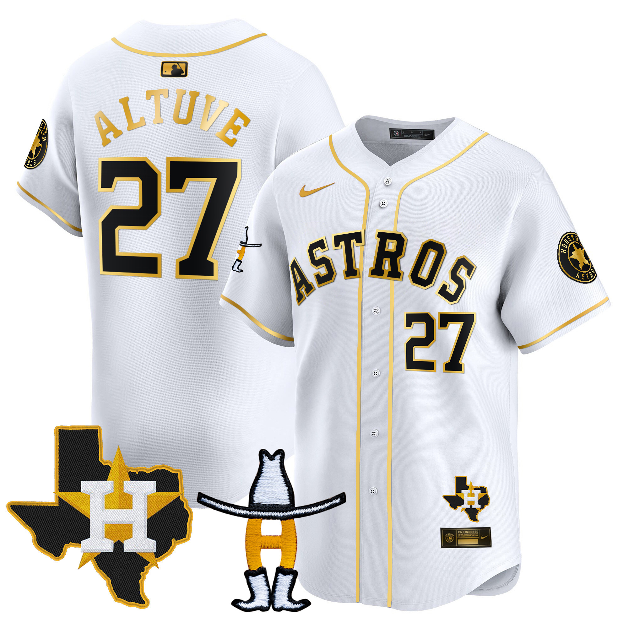 José Altuve Men's Houston Astros Houston Rodeo Patch Vapor Premier Limited V2 White Gold Jersey - All Stitched