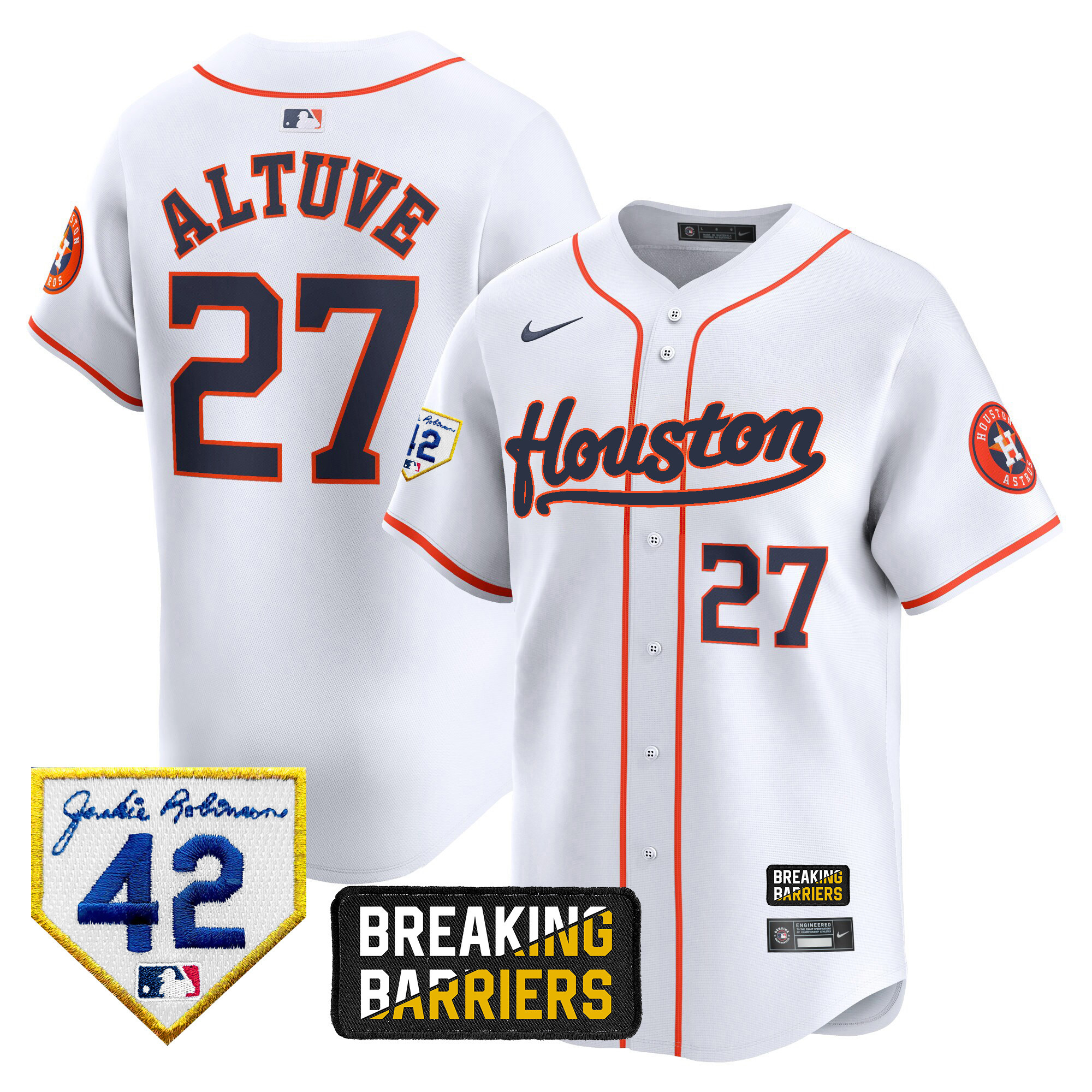 José Altuve Men's Houston Astros Jackie Robinson Breaking Barriers Patch Vapor Premier Limited Home Jersey - All Stitched