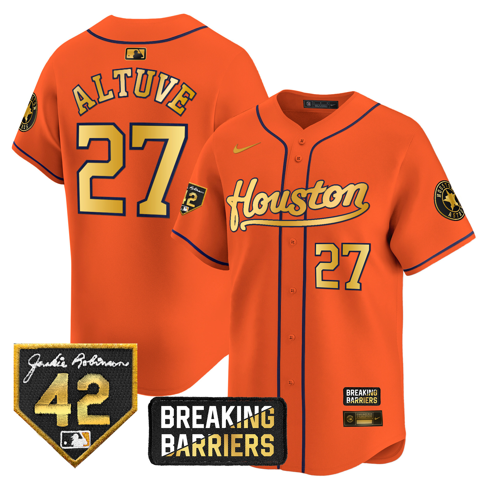 José Altuve Men's Houston Astros Jackie Robinson Breaking Barriers Patch Vapor Premier Limited Orange Gold Jersey - All Stitched