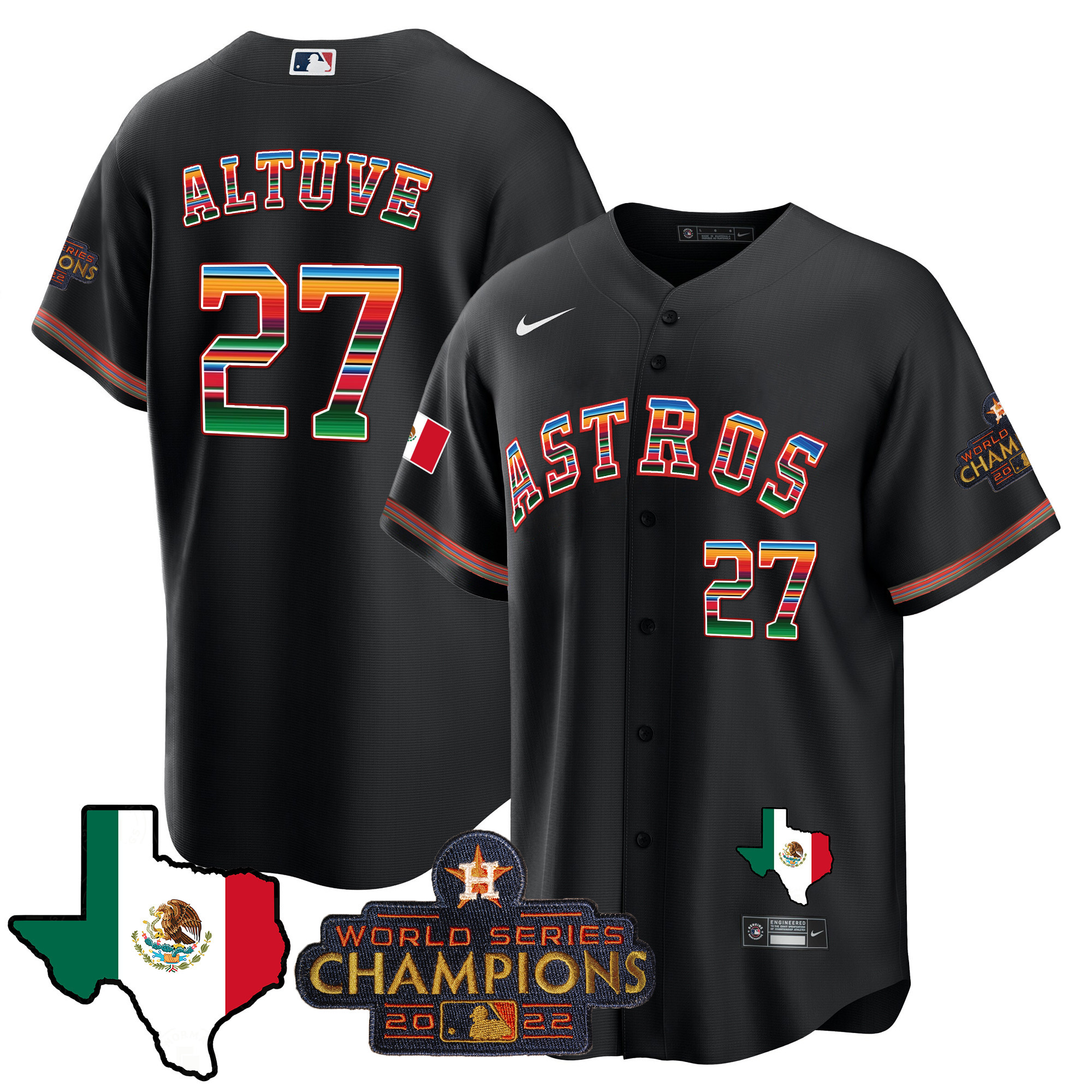 José Altuve Men's Houston Astros Mexico Texas Map Cool Base Black Jersey - All Stitched