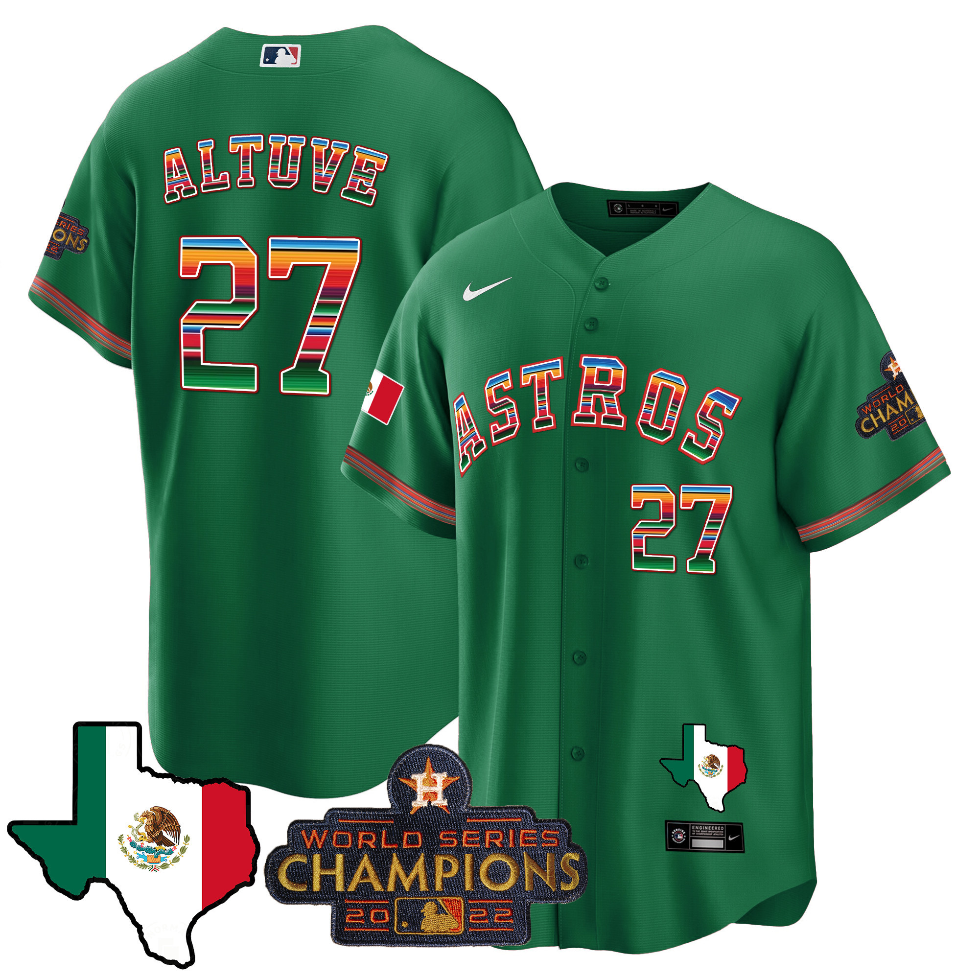 José Altuve Men's Houston Astros Mexico Texas Map Cool Base Green Jersey - All Stitched