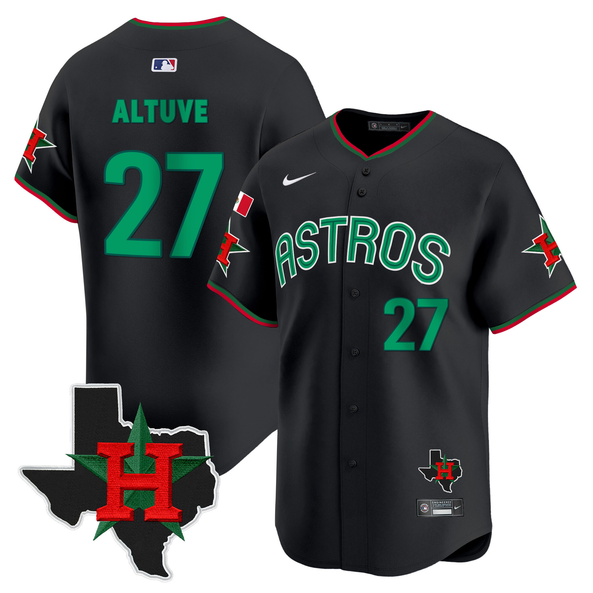 José Altuve Men's Houston Astros Mexico Texas Patch Vapor Premier Limited V3 Black Jersey - All Stitched