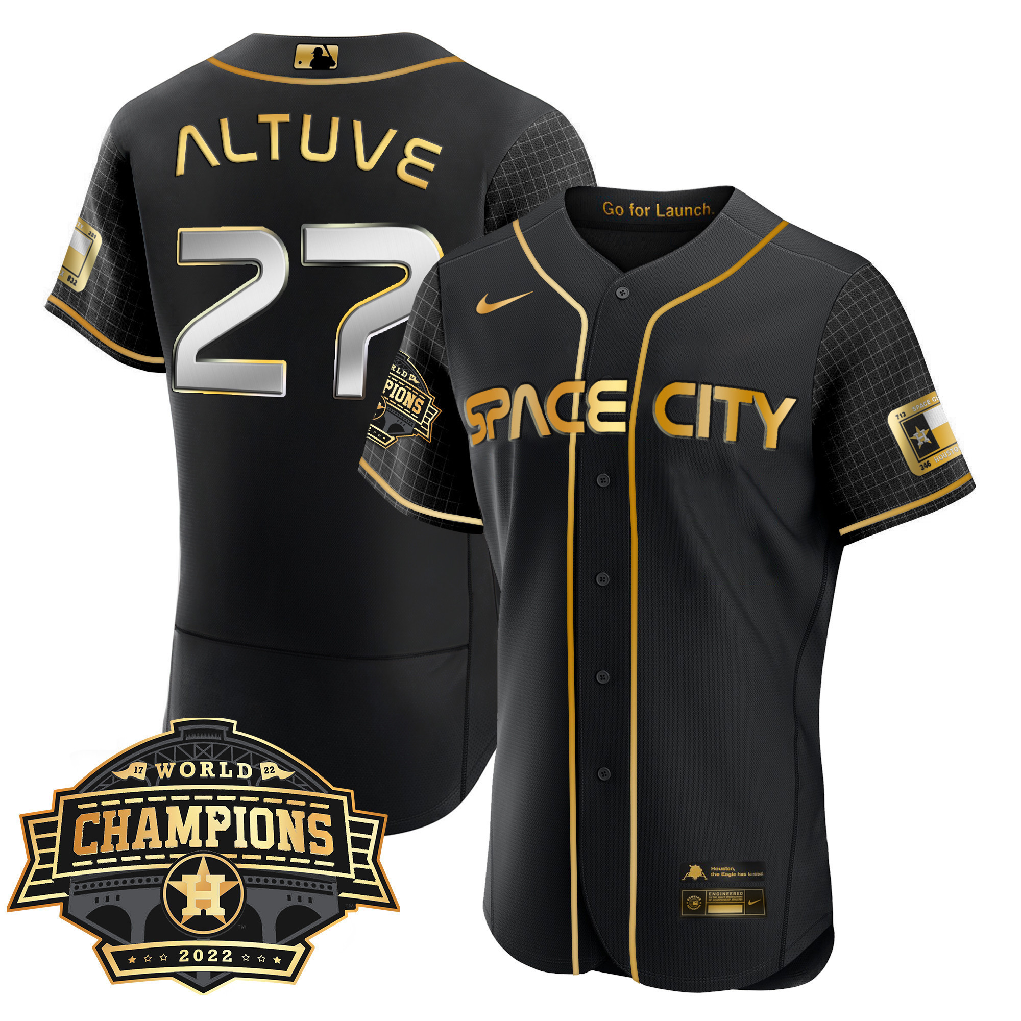 José Altuve Men's Houston Astros Space City 2022 World Series Champions Patch Limited Flex Black Jersey - All Stitched