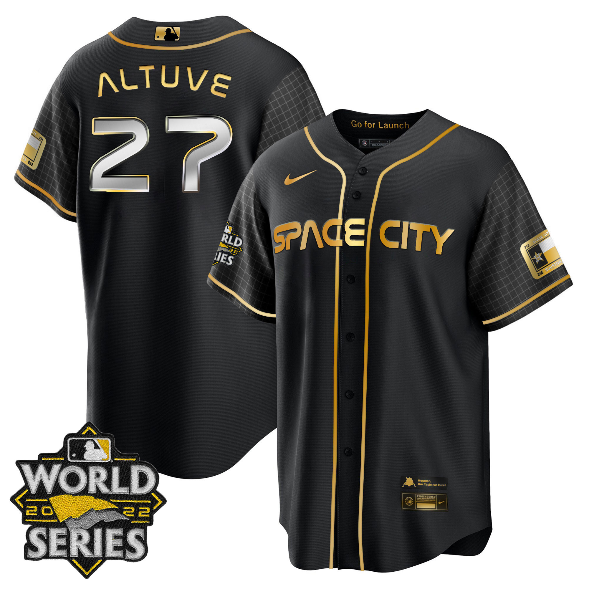 José Altuve Men's Houston Astros Space City Gold 2022 World Series Cool Black Jersey - All Stitched