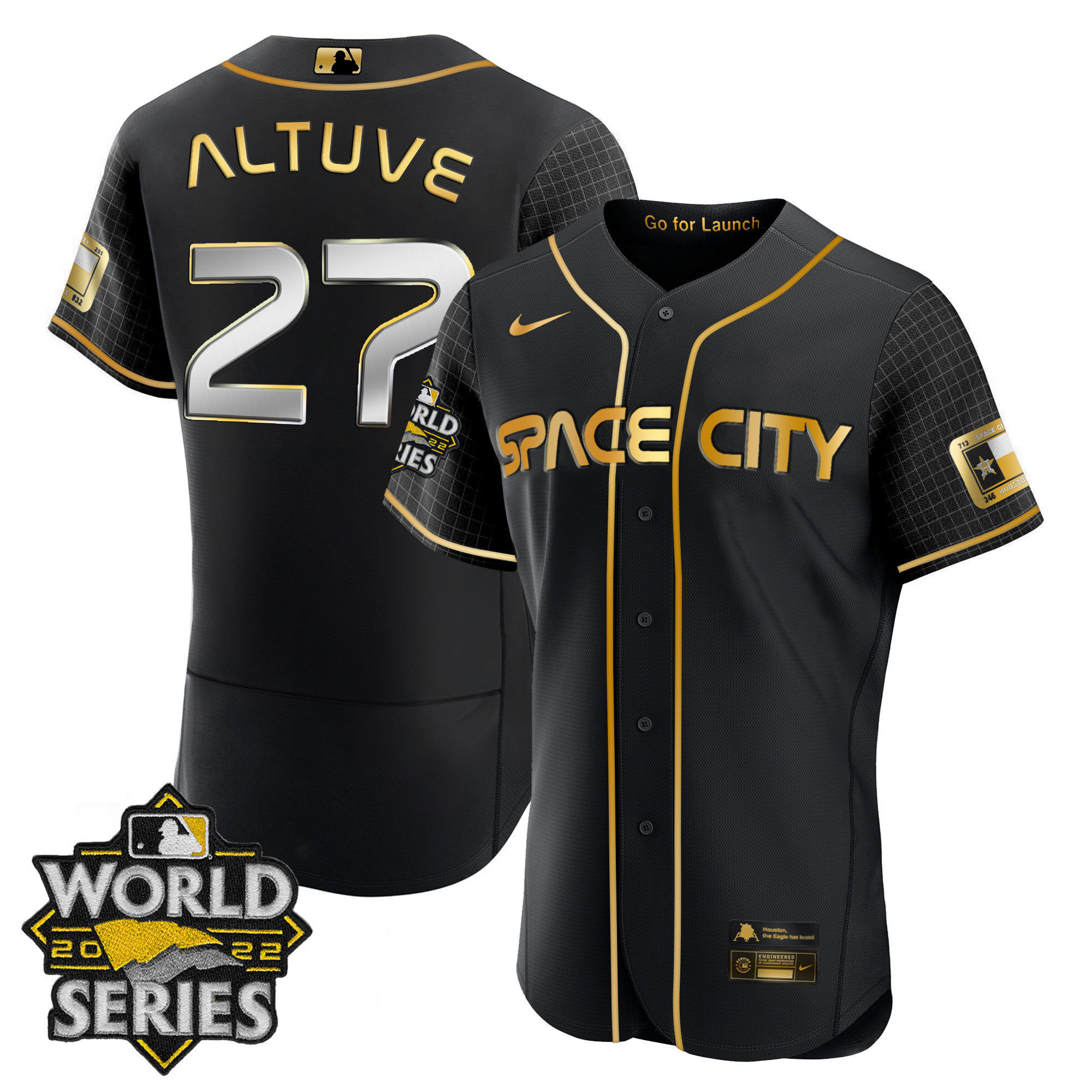 José Altuve Men's Houston Astros Space City Gold 2022 World Series Flex Black Jersey - All Stitched