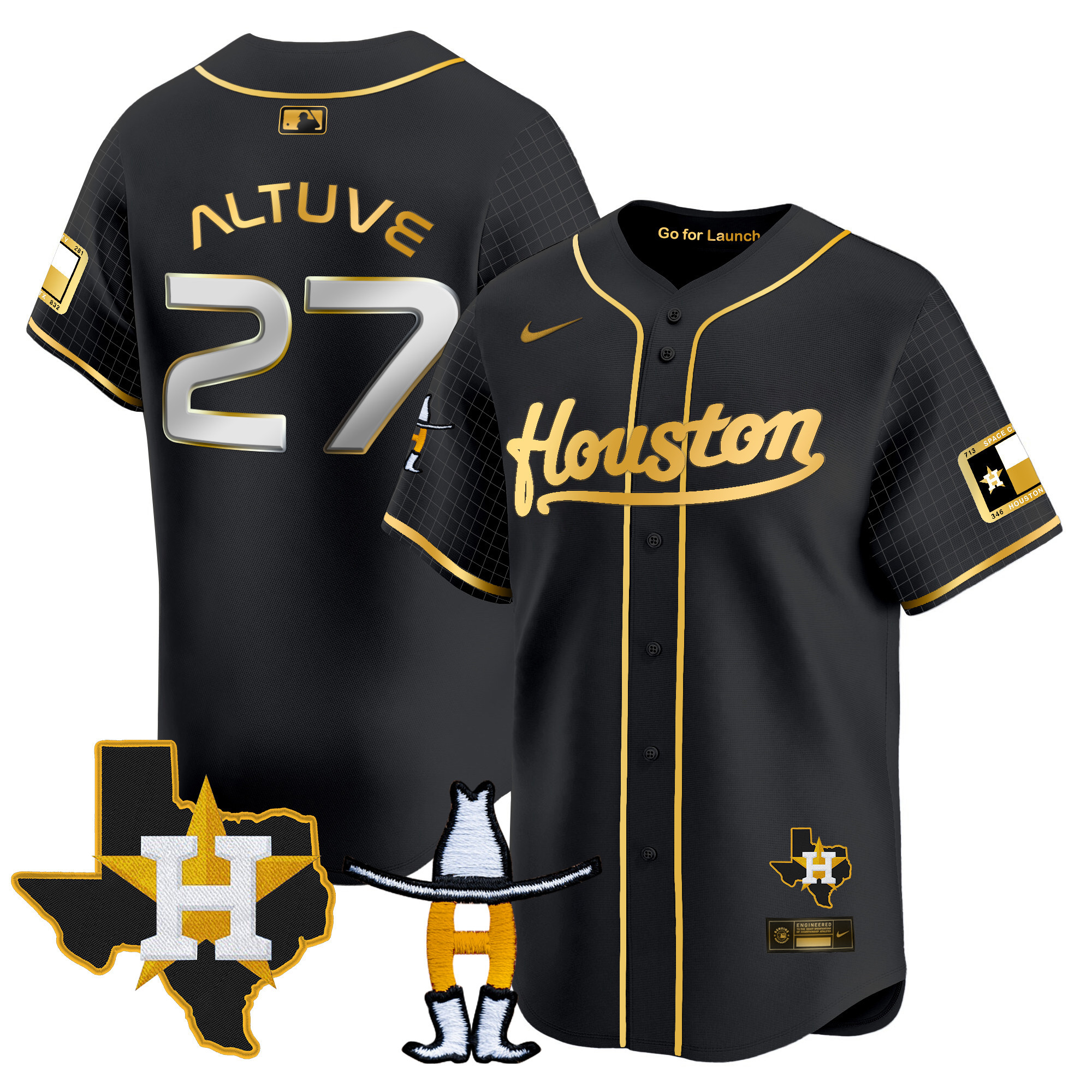 José Altuve Men's Houston Astros Space City Houston Rodeo Patch Vapor Premier Limited Black Gold Jersey - All Stitched