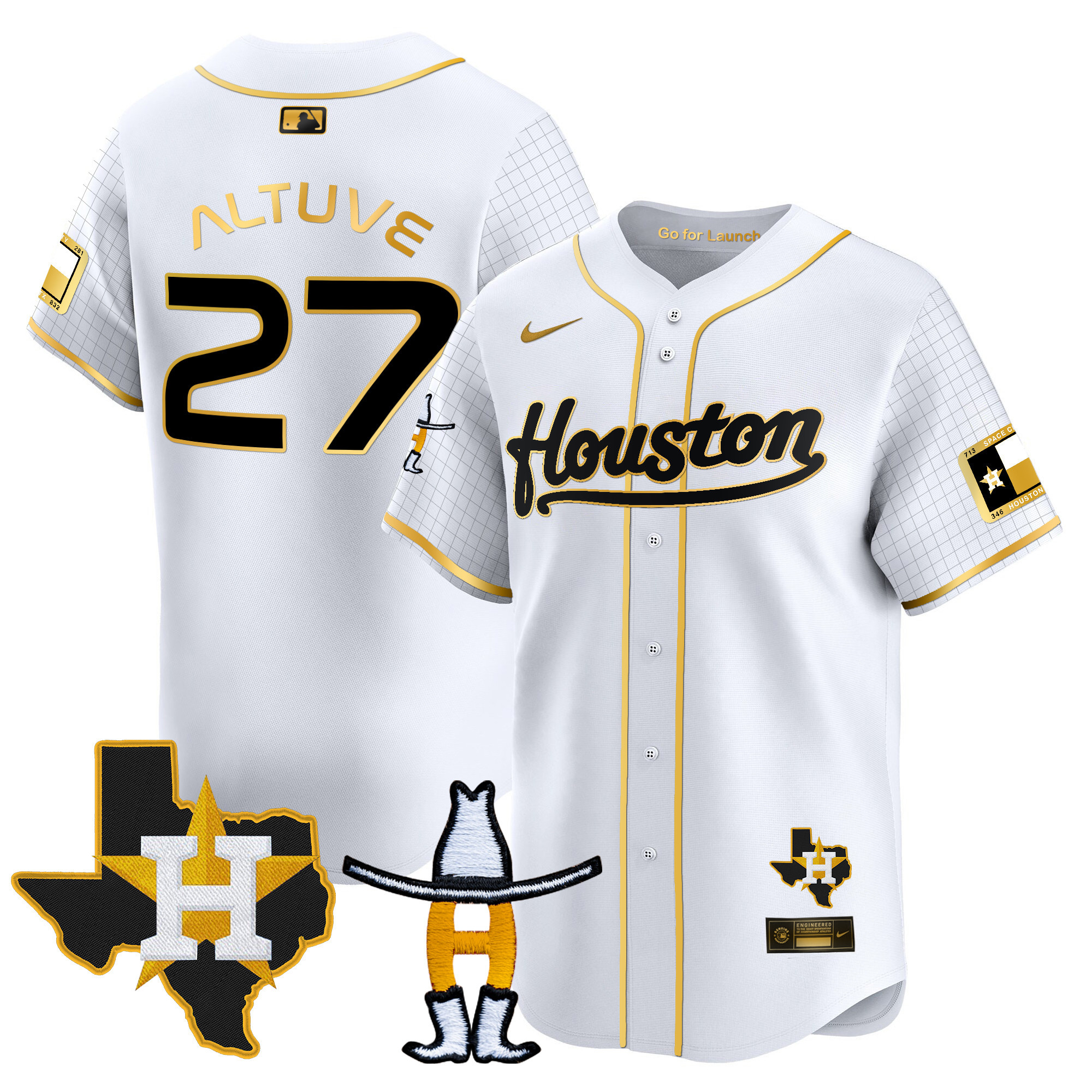 José Altuve Men's Houston Astros Space City Houston Rodeo Patch Vapor Premier Limited White Gold Jersey - All Stitched