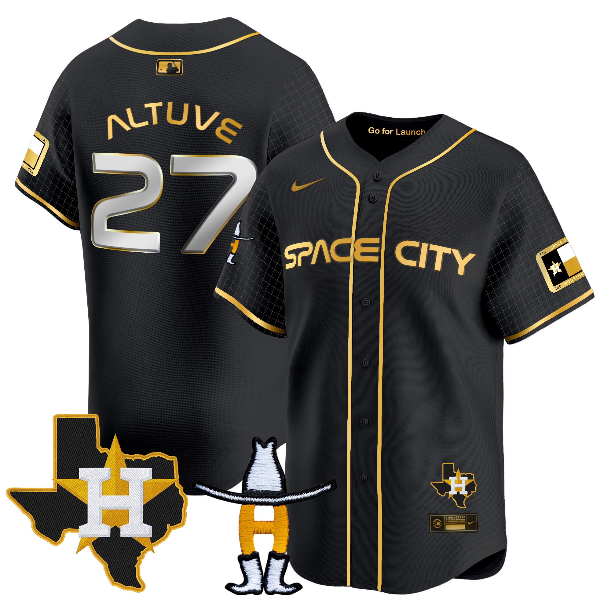 José Altuve Men's Houston Astros Space City Texas Patch Vapor Premier Limited Black Gold Jersey - All Stitched