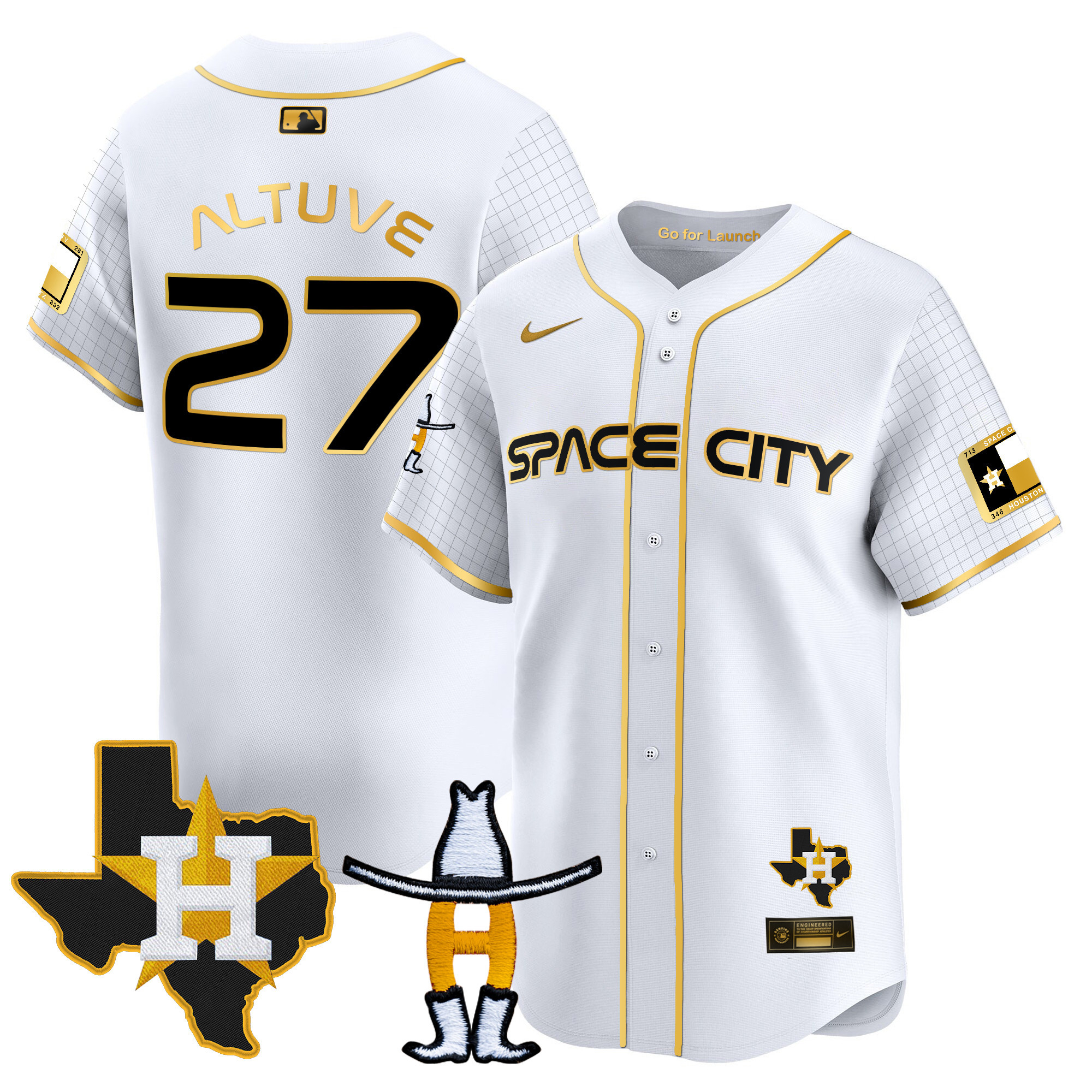 José Altuve Men's Houston Astros Space City Texas Patch Vapor Premier Limited White Gold Jersey - All Stitched
