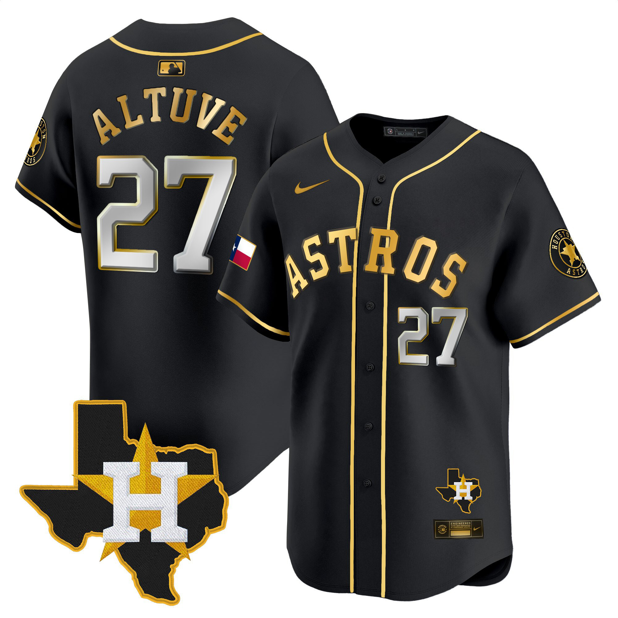José Altuve Men's Houston Astros Texas Patch Vapor Premier Limited Black Gold Jersey - All Stitched