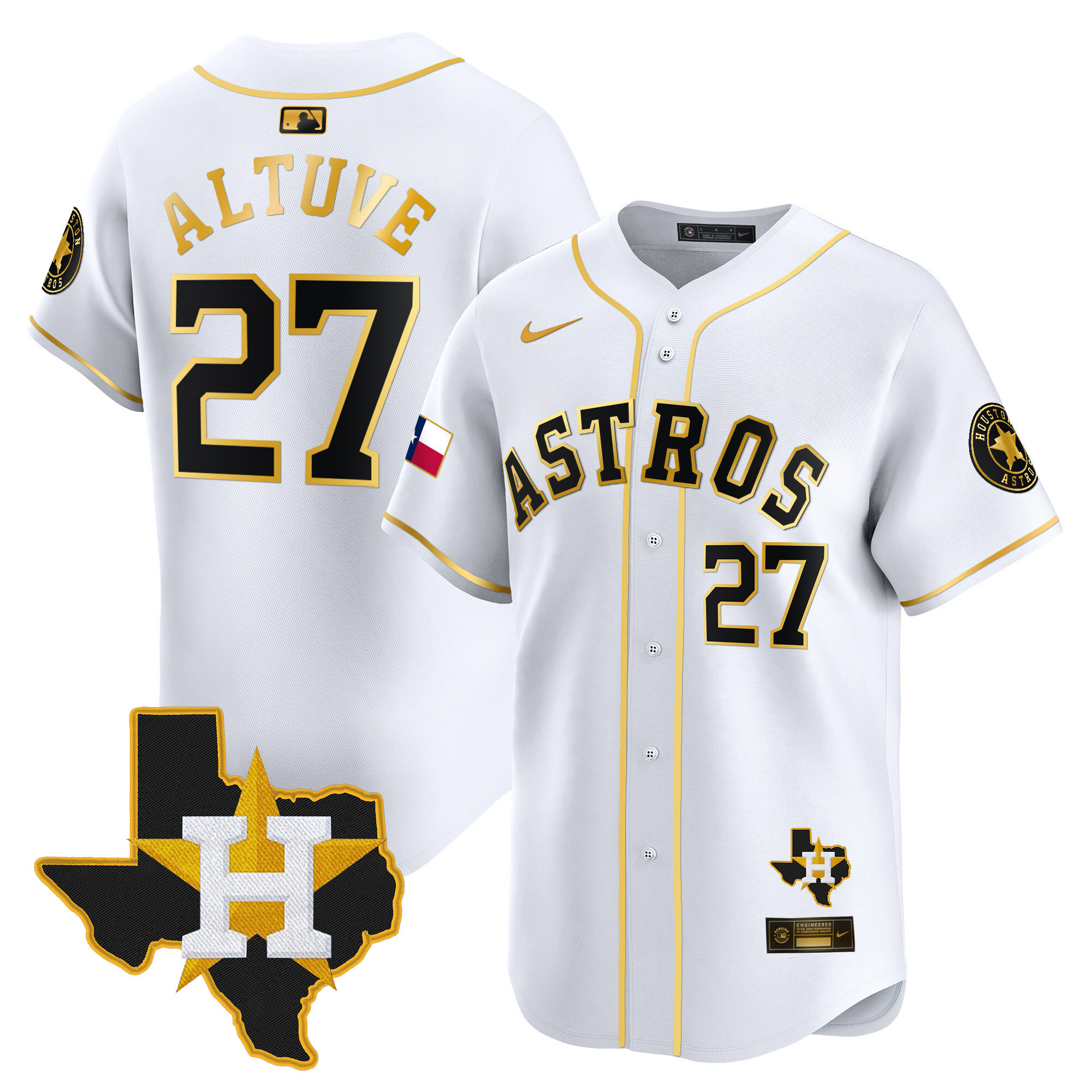 José Altuve Men's Houston Astros Texas Patch Vapor Premier Limited White Gold Jersey - All Stitched