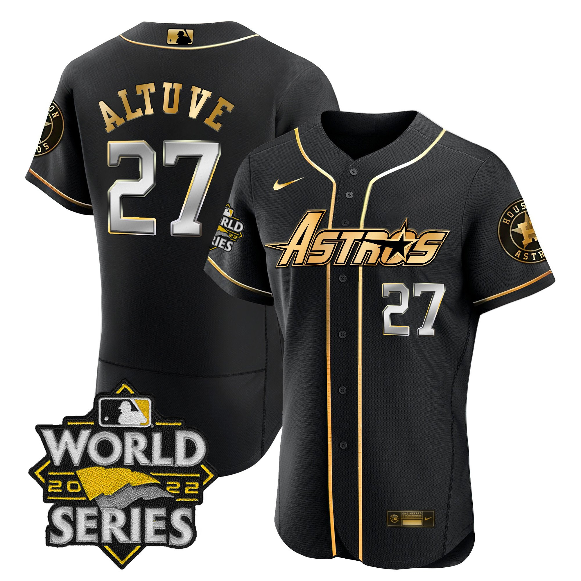 José Altuve Men's Houston Astros World Series & Throwback Patch Gold Flex Black Jersey - All Stitched