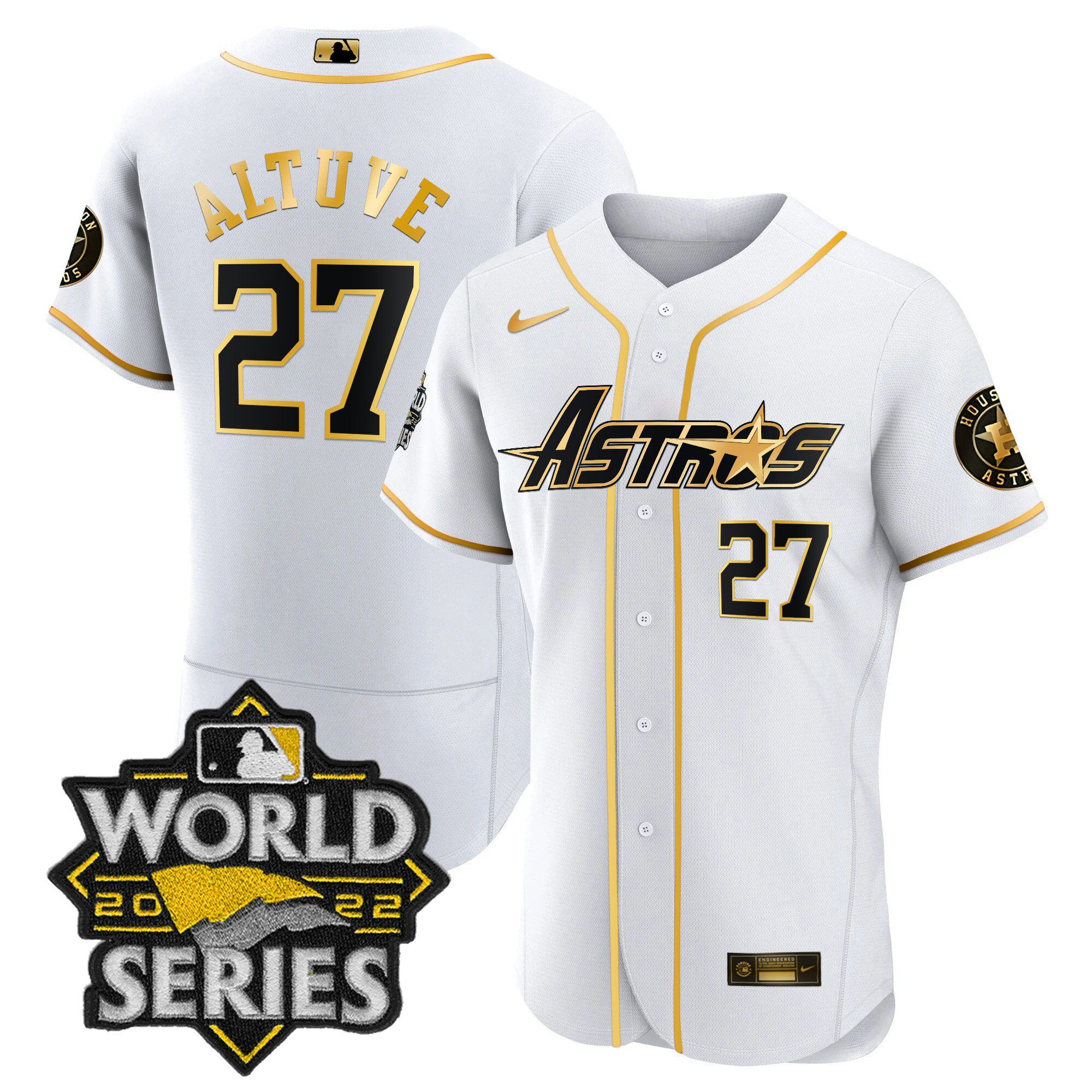 José Altuve Men's Houston Astros World Series & Throwback Patch Gold Flex White Jersey - All Stitched